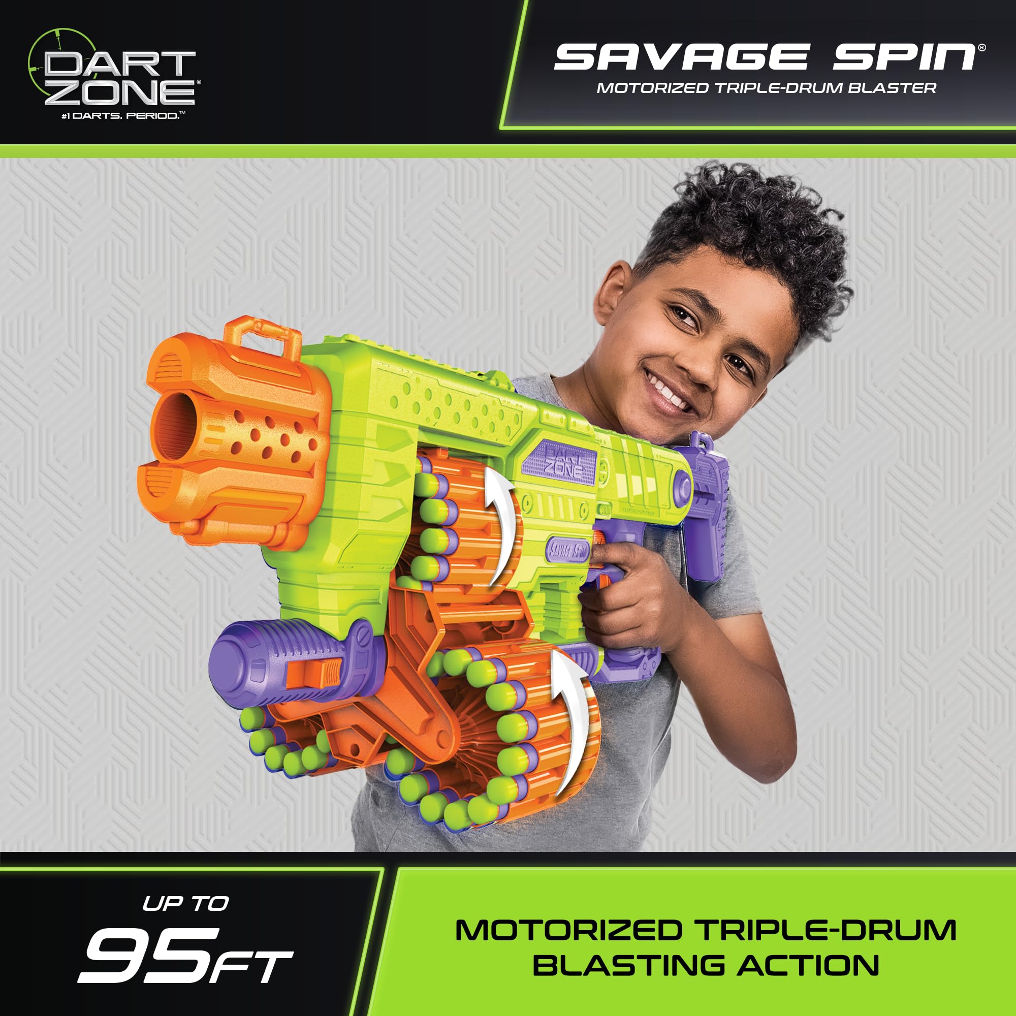 DART ZONE Savage Spin Semi-Auto Foam Dart Blaster - Motorized Toy Gun with 45-Dart Triple Drum & 90 Foam Darts - NERF Compatible Soft Bullet Blaster for Kids - 80 ft Range - Perfect for Outdoor Battles, Backyard Games & Nerf War Parties