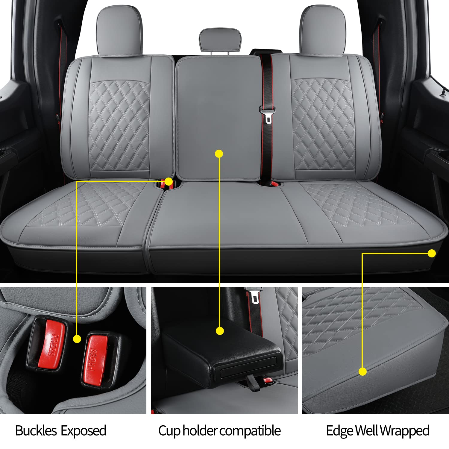 LUCKYMAN Club F150 Faux Leather Seat Covers S07-Q2 - Full Set Gray - Compatible with 2015-2025 Ford F150 & 2017-2025 F250 F350 F450 Pickup Trucks - Premium Protection & Comfort for Work & Road Trips