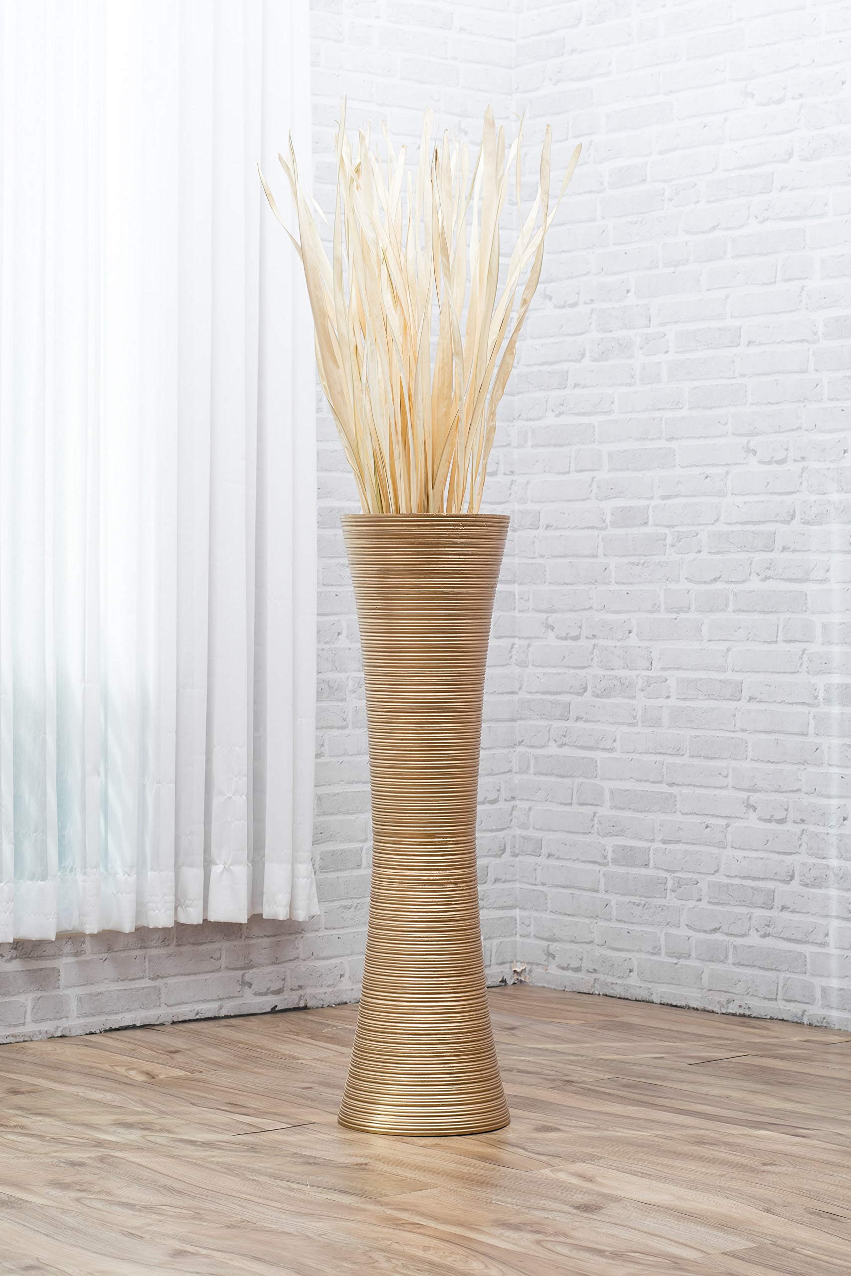 Leewadee 36 Inch Large Gold Floor Vase - Wooden Tall Farmhouse Decor for Flowers, Fake Plants & Pampas Grass - Perfect for Living Room, Entryway & Wedding Decor