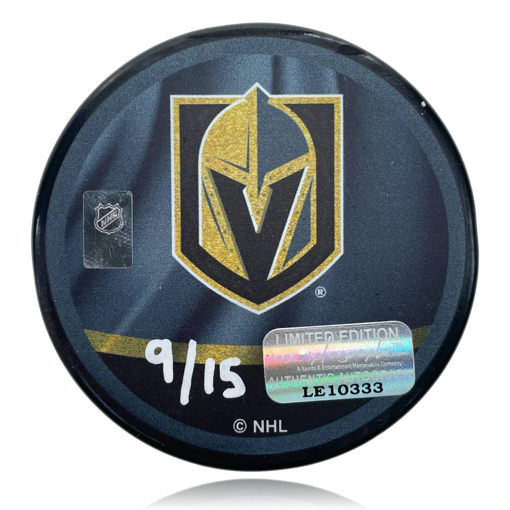 Logan Thompson Autographed Vegas Golden Knights Retro Hockey Puck - First Save Inscription - Collectible Memorabilia for NHL Fans & Sports Enthusiasts - Perfect for Display, Gifts, and Sports Collections
