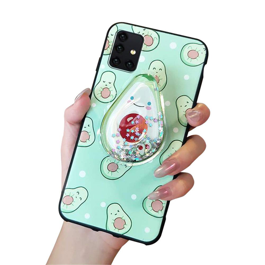 Cute Soft Silicone Gel Phone Case for Samsung Galaxy A52 - Scratch-Resistant Protective Cover with Glitter Liquid & Flexible TPU - Fun Stand Case for Girls (Avocado Design) - Perfect for Everyday Use, School & Travel