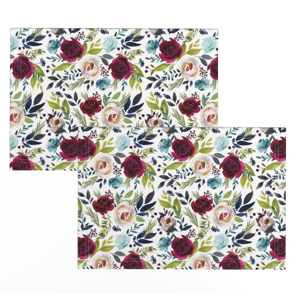 Spoonflower Linen Cotton Canvas Placemats Set of 2 - Floral Watercolor Botanical Print Table Mats for Dining, Nursery, Home Decor, Spring & Nature Theme - Washable Fabric Place Settings for Everyday Use & Special Occasions
