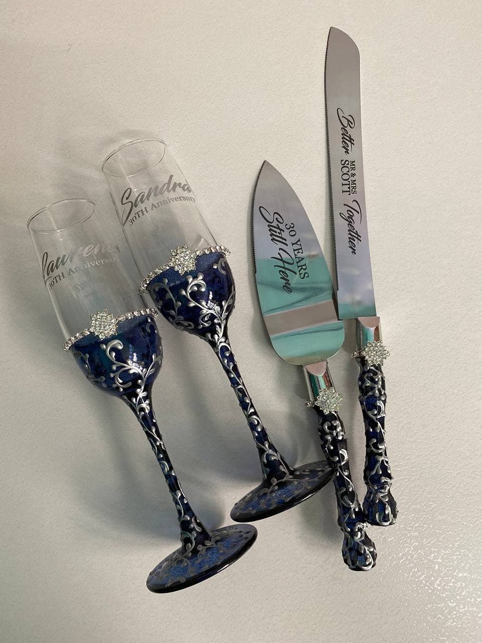 Navy Blue and Silver Wedding Toasting Flutes Set with Cake Server - Elegant Champagne Glasses for Wedding Toast, Anniversary, Bridal Shower & Special Celebrations