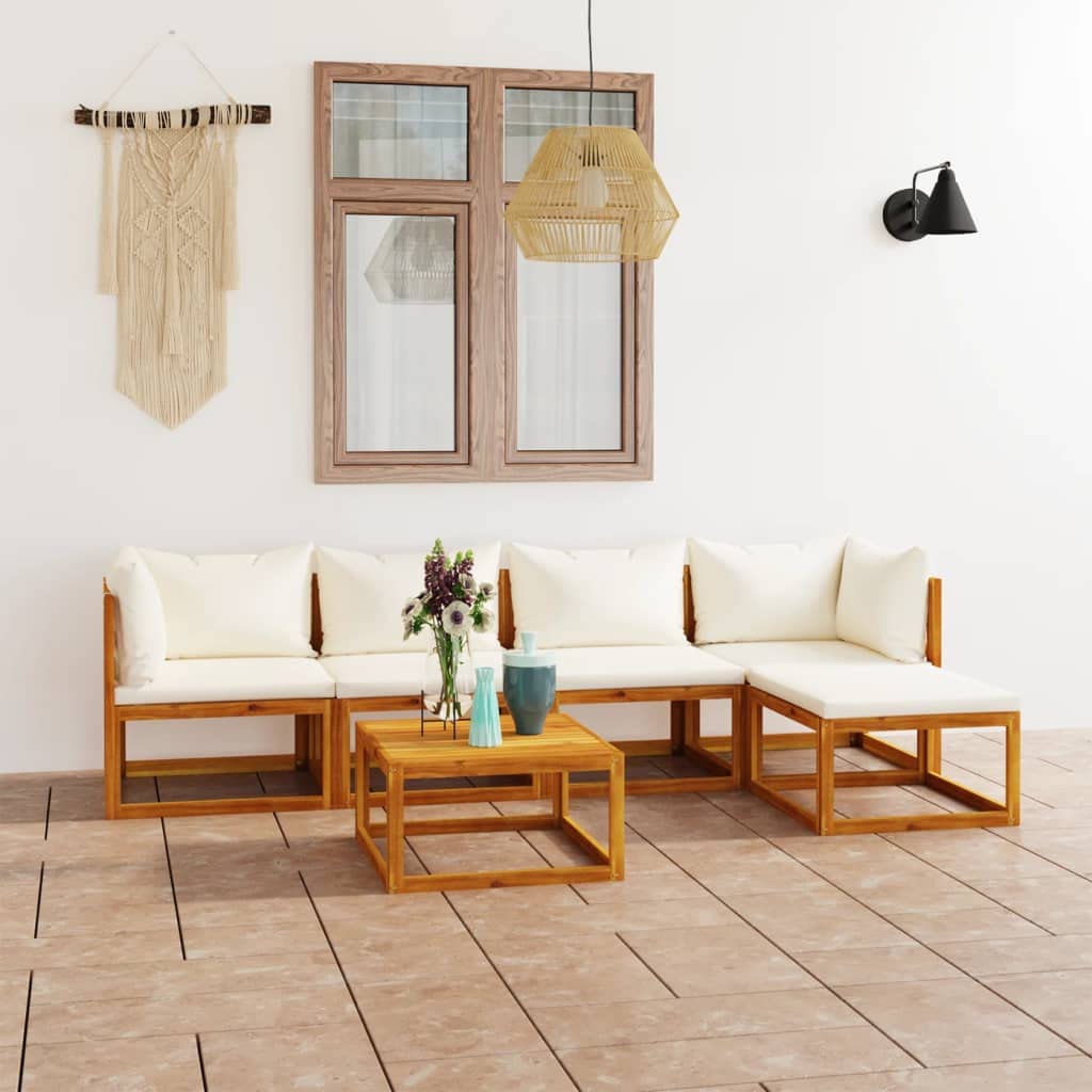 vidaXL 6-Piece Patio Lounge Set with Cushions & Coffee Table - Modern Cream Acacia Wood Outdoor Sectional Sofa for Garden, Backyard, Poolside & Patio Relaxation