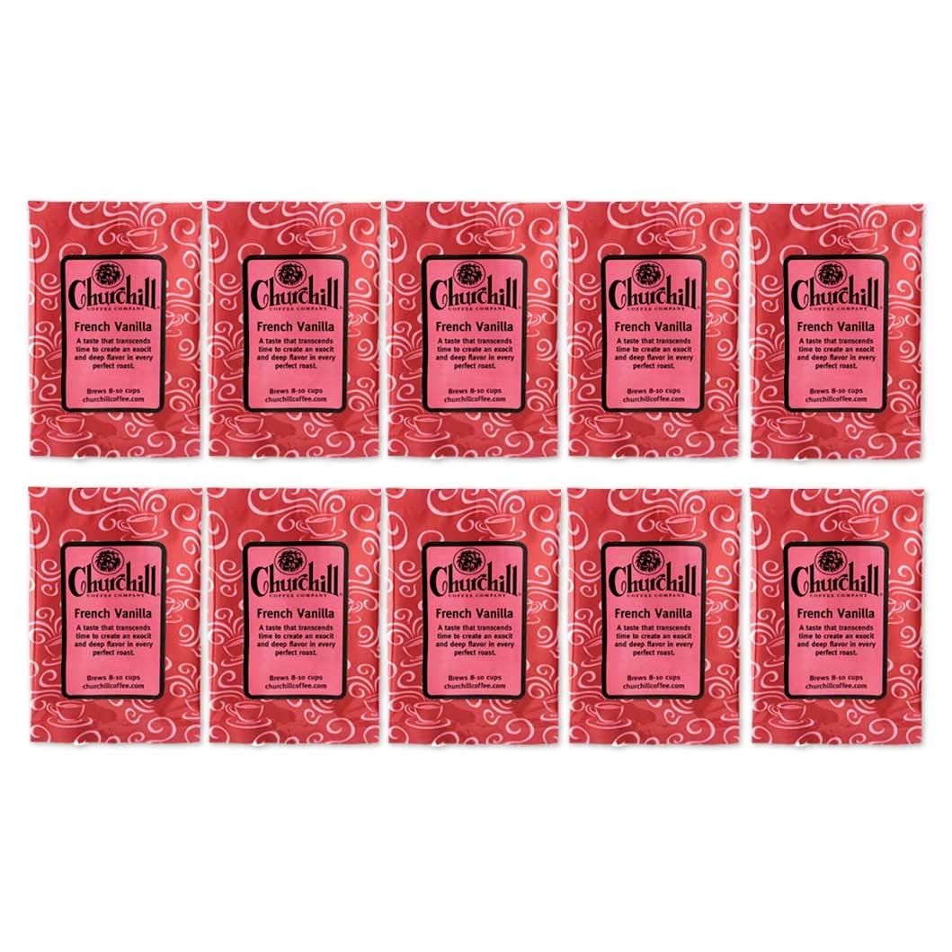 Churchill Coffee French Vanilla Flavored Ground Coffee - 10 Portioned Packs (1.5 oz Each) - Perfect for Office, Home Brewing & Gifts