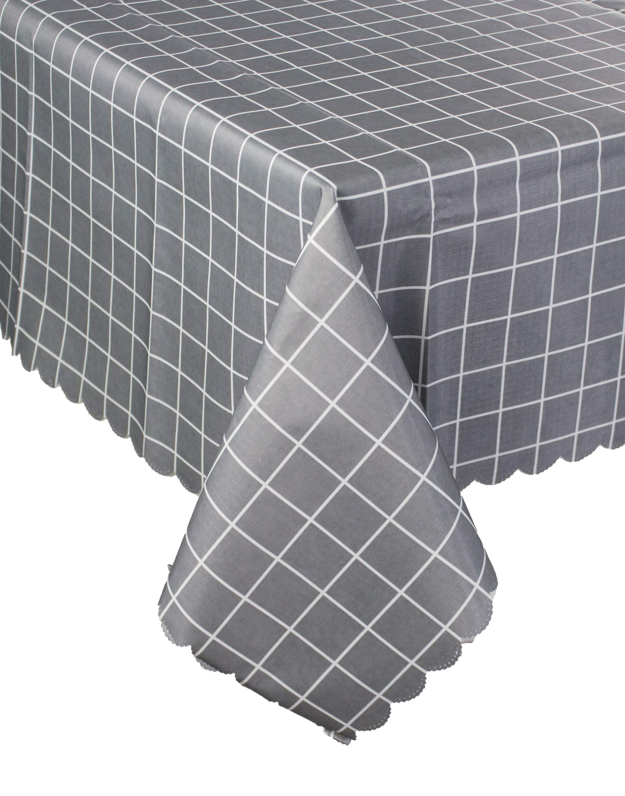 Fennco Styles Check Plaid Waterproof Scalloped 55 x 87 Inch Tablecloth - Grey Wipeable Oilproof Wrinkle-Free Table Cover for Home, Dinner Parties, Holiday & Outdoor Events - Perfect for Everyday Use, Picnics, and Family Gatherings