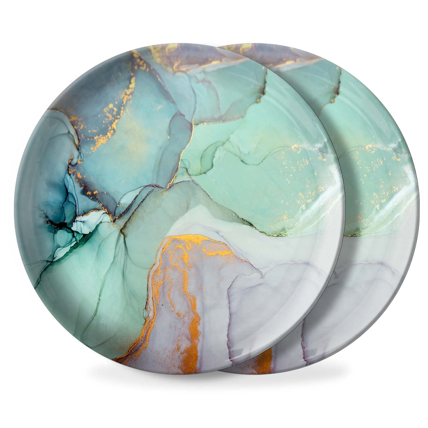 **2-Pack Teal Marble Melamine Dinner Plates - 8.26 Inch Round, Dishwasher Safe & Durable for Kitchen, Dining, Parties & Outdoor Use**