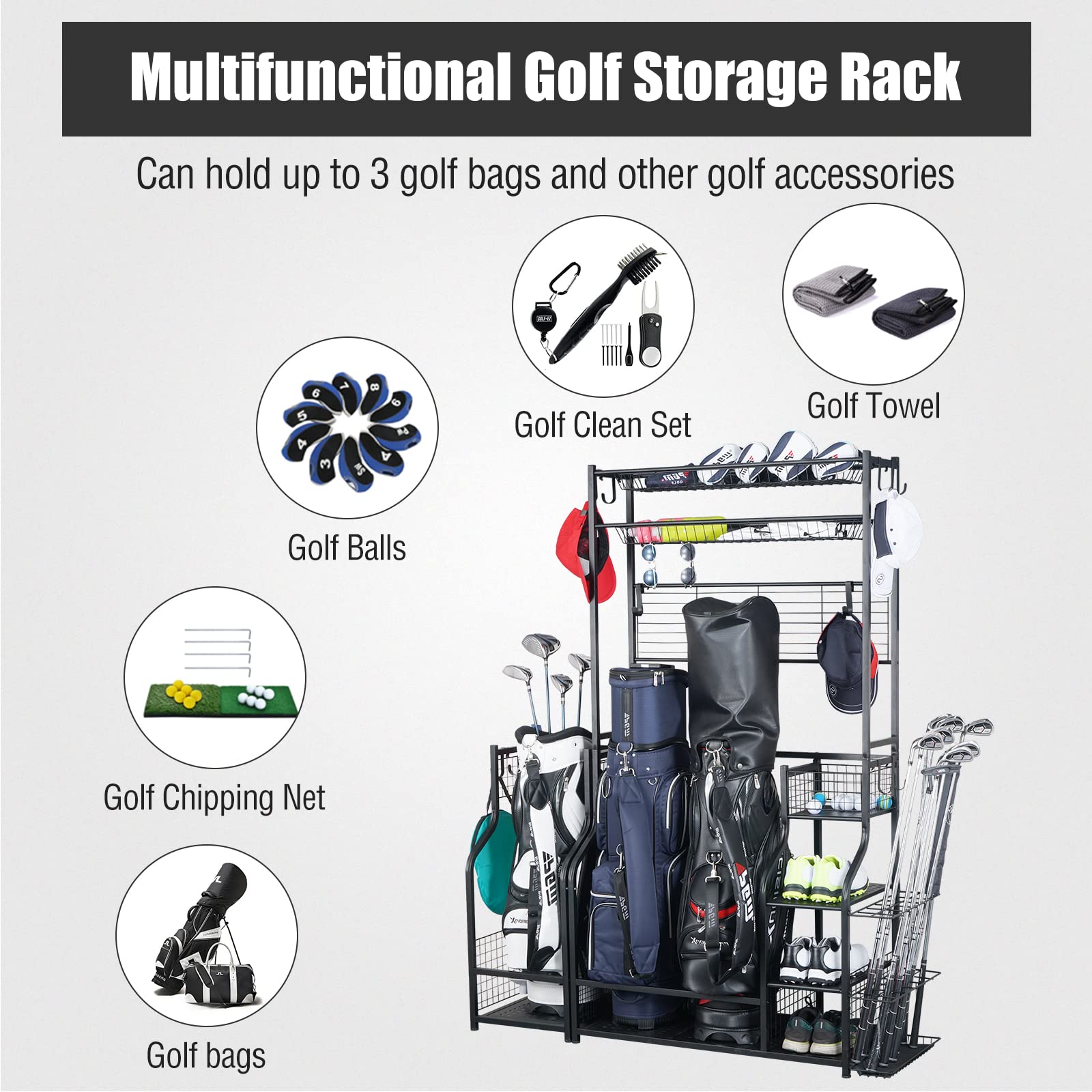 Mythinglogic Golf Bag Storage Stand - 2 Golf Bags Holder with 4 Removable Hooks & Accessories Organizer - Perfect for Garage, Basement, or Clubhouse Storage - Keep Golf Clubs & Equipment Neatly Displayed