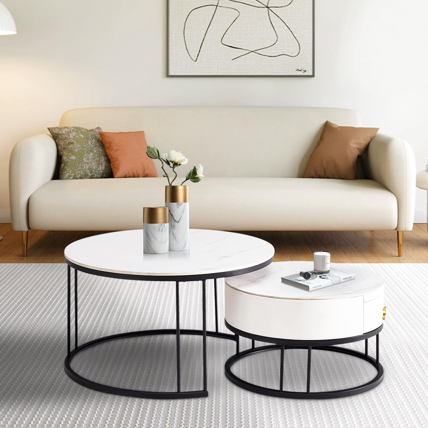 Modern Round Nesting Coffee Table Set of 2 with Sintered Stone Top & Metal Frame - Side End Tables with Hidden Storage Compartment for Living Room, Apartment, Office - Perfect for Small Spaces & Contemporary Home Decor