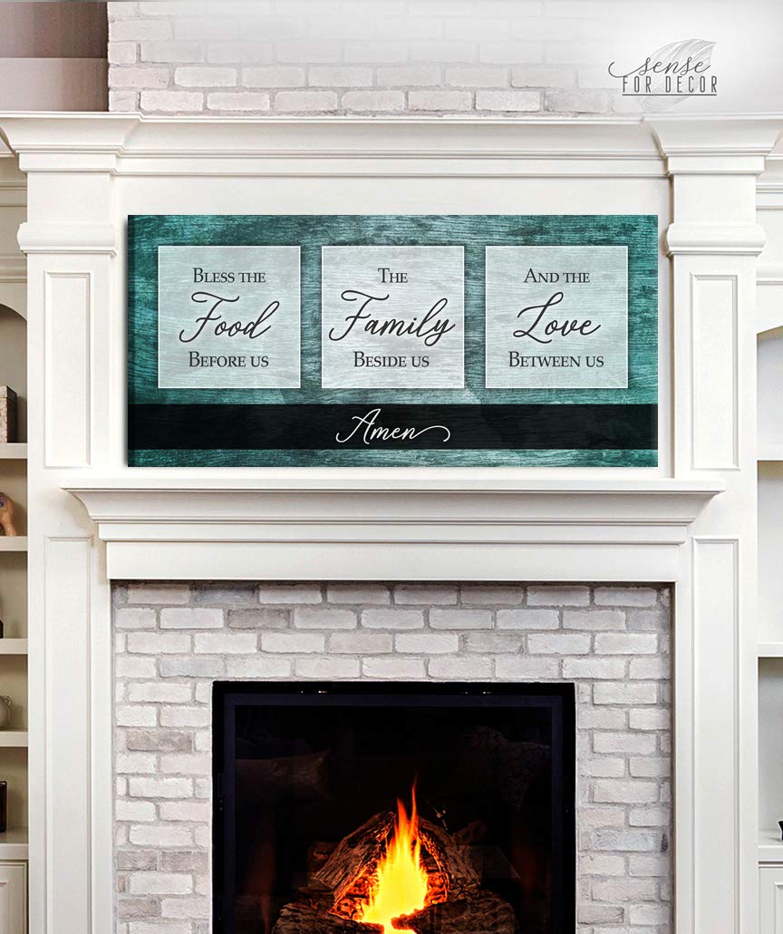 Bless the Food V2 Teal Framed Kitchen Wall Art Sign - 42x19 Inch Rustic Dining Room Decor for Farmhouse & Modern Homes - Perfect for Kitchens, Dining Areas & Entryways