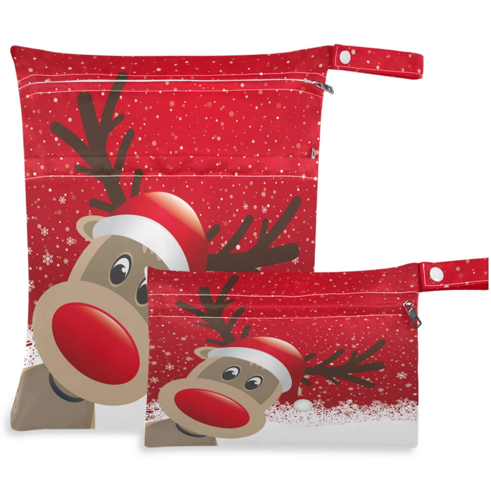 Visesunny Reindeer Red Santa Claus Hat Snowflake Wet Bag - 2PCS with Zippered Pockets & Snap Handle, Washable & Reusable for Travel, Beach, Pool, Daycare | Perfect for Holiday Outfits, Baby Essentials, Gym Clothes & Swimwear Storage