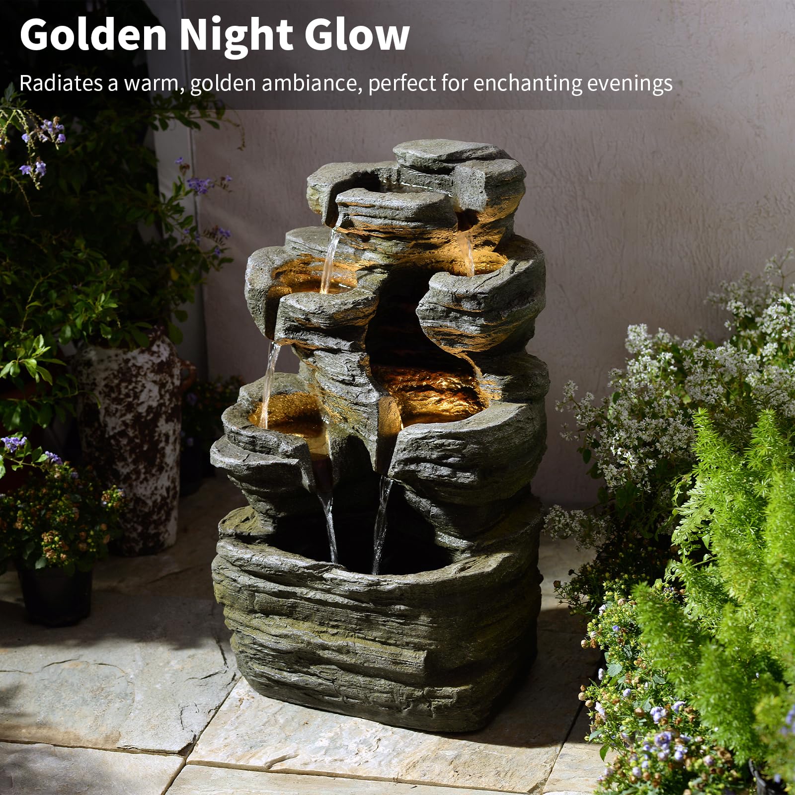 6-Tier Cascading Rock Water Fountain with LED Lights - 24.4