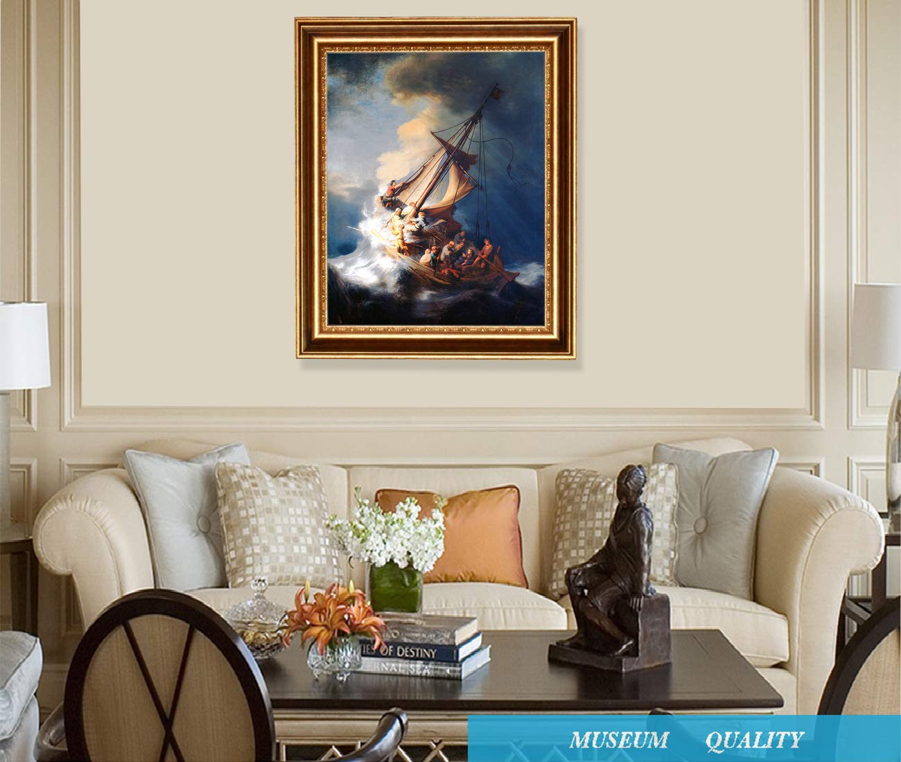 Rembrandt Christ in a Storm on the Sea of Galilee Oil Painting Reproduction - Dutch Golden Age Art, Giclee Canvas Print, Framed Wall Decor (35x28 Inches) - Perfect for Living Room, Office & Gallery Display