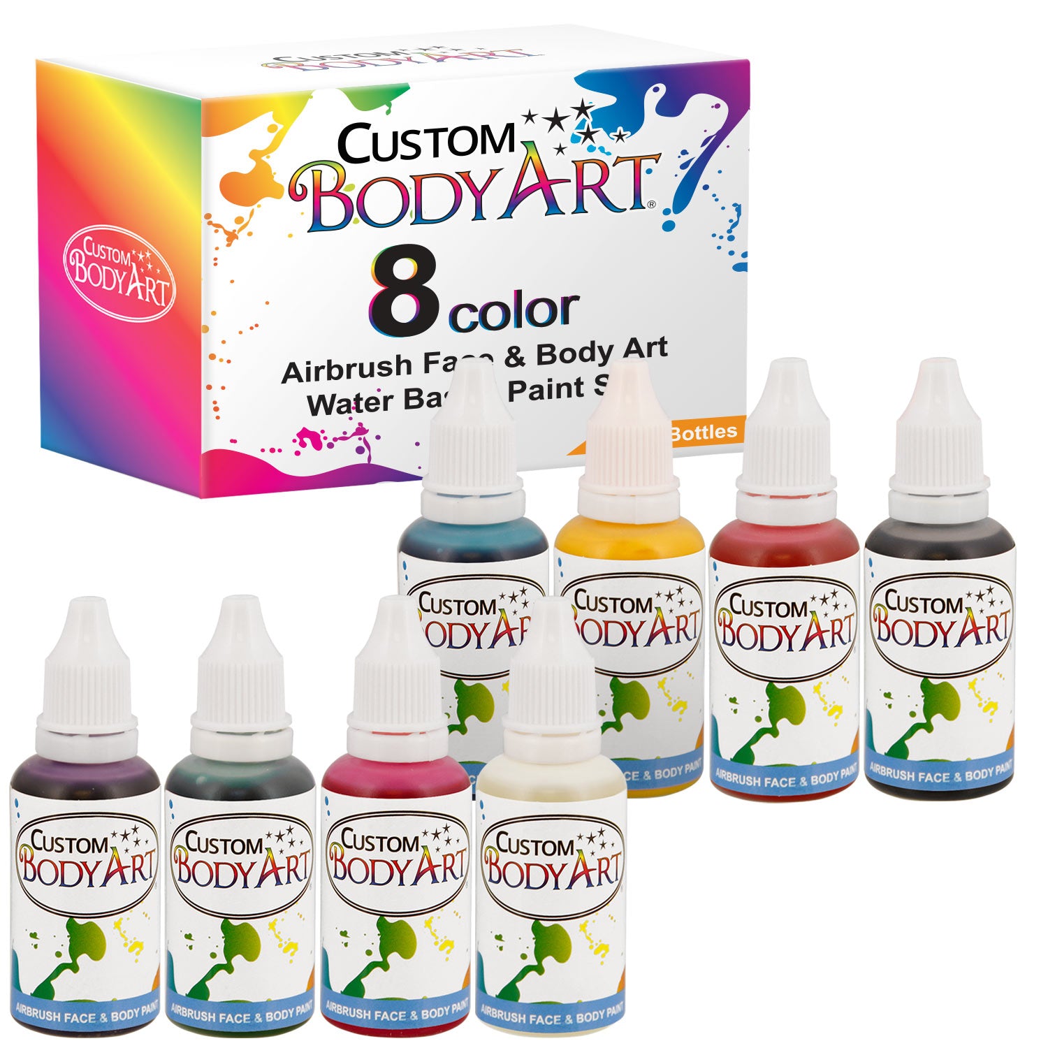 8 Primary Color Airbrush Face & Body Paint Set - Water Based, Non-Toxic, 1 oz Bottles for Professional Makeup, Halloween Costumes & Body Art