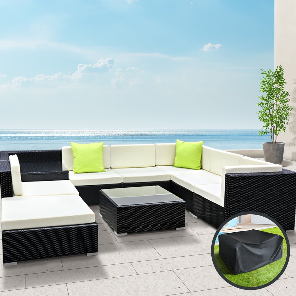 9-Piece Beige Wicker Outdoor Lounge Set with Storage Cover - Perfect for Patio, Garden, and Poolside Relaxation