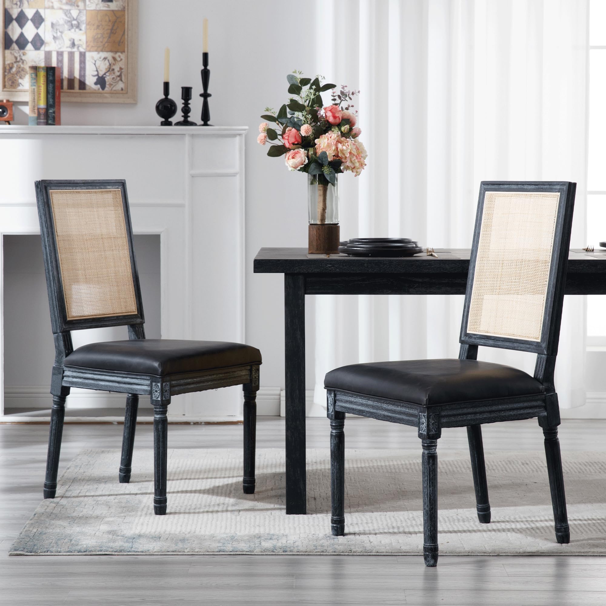 Faux Leather Dining Chairs Set of 2 - Farmhouse Kitchen Chairs with Upholstered Seat & Rattan Back - French Country Style Side Chairs for Dining Room, Restaurant, or Home Decor - Black