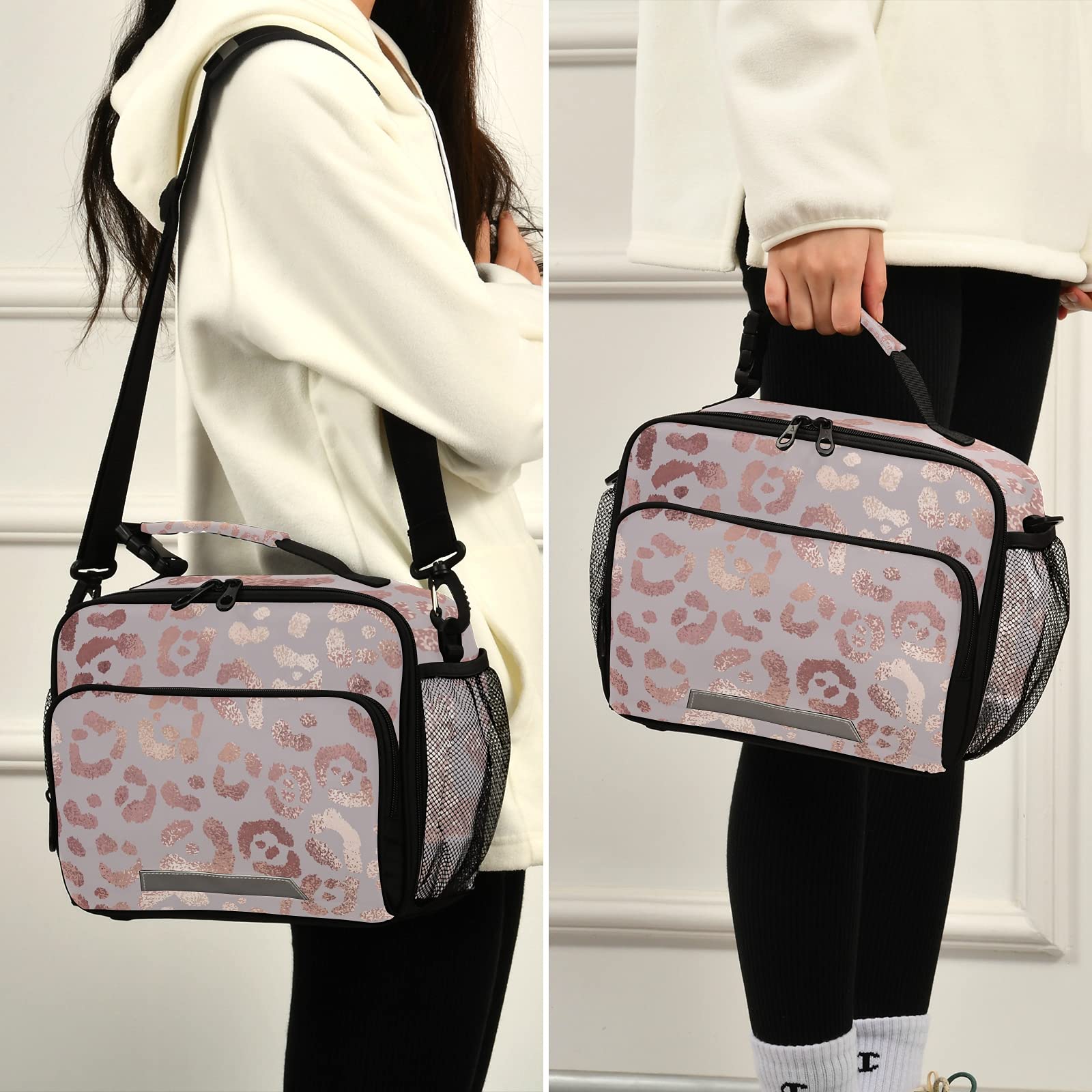 Stylish Rose Gold Leopard Print Insulated Lunch Box for Women & Girls - Reusable Thermal Lunch Tote Bag for Work, School, Picnic & Outdoor Activities | Cute Leopard Pattern Cooler Bag with Shoulder Strap