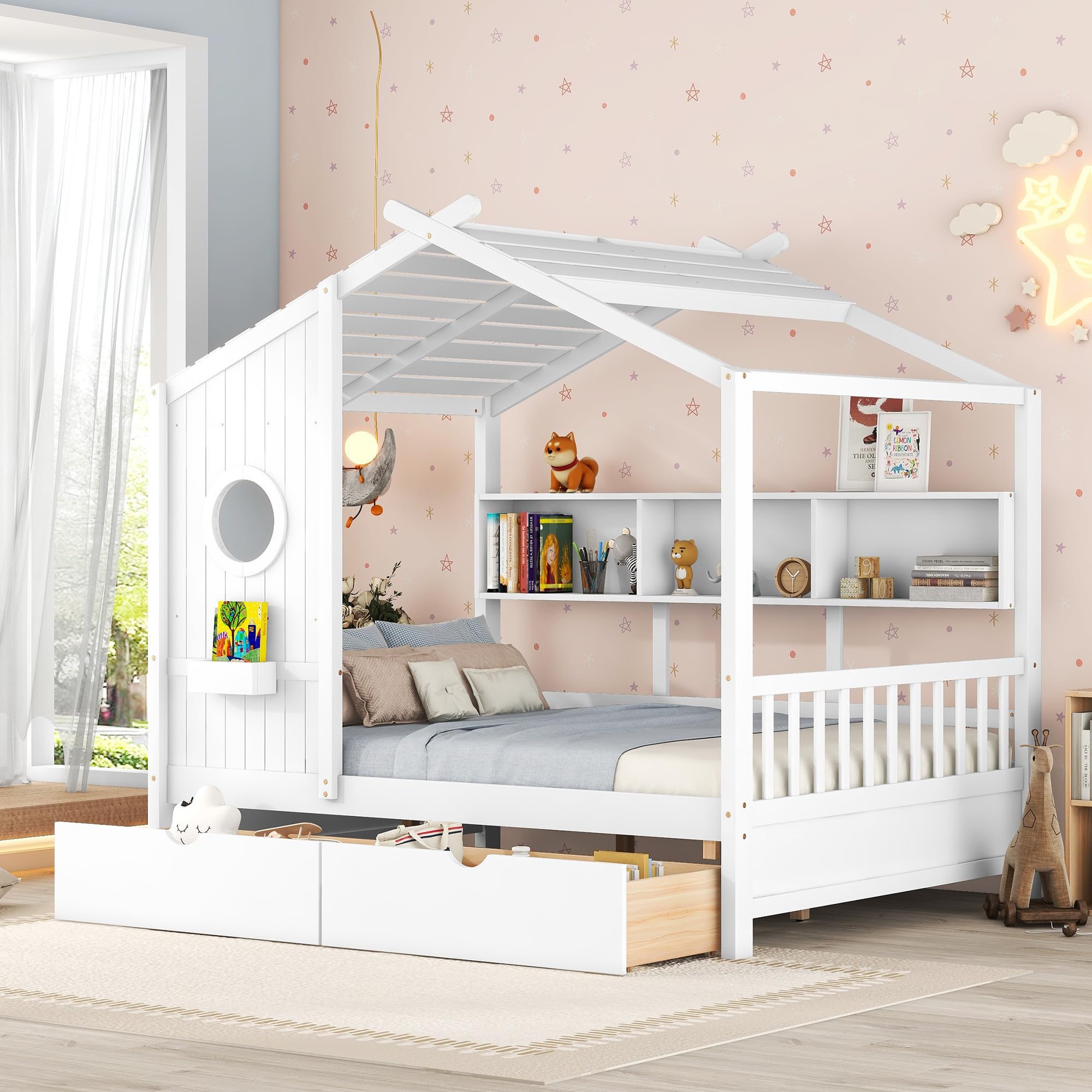 **Full Size Wooden Kids House Bed with Storage Drawers & Shelves - Montessori Playhouse Bed for Boys & Girls - White - Perfect for Bedrooms, Playrooms & Montessori Learning Spaces**