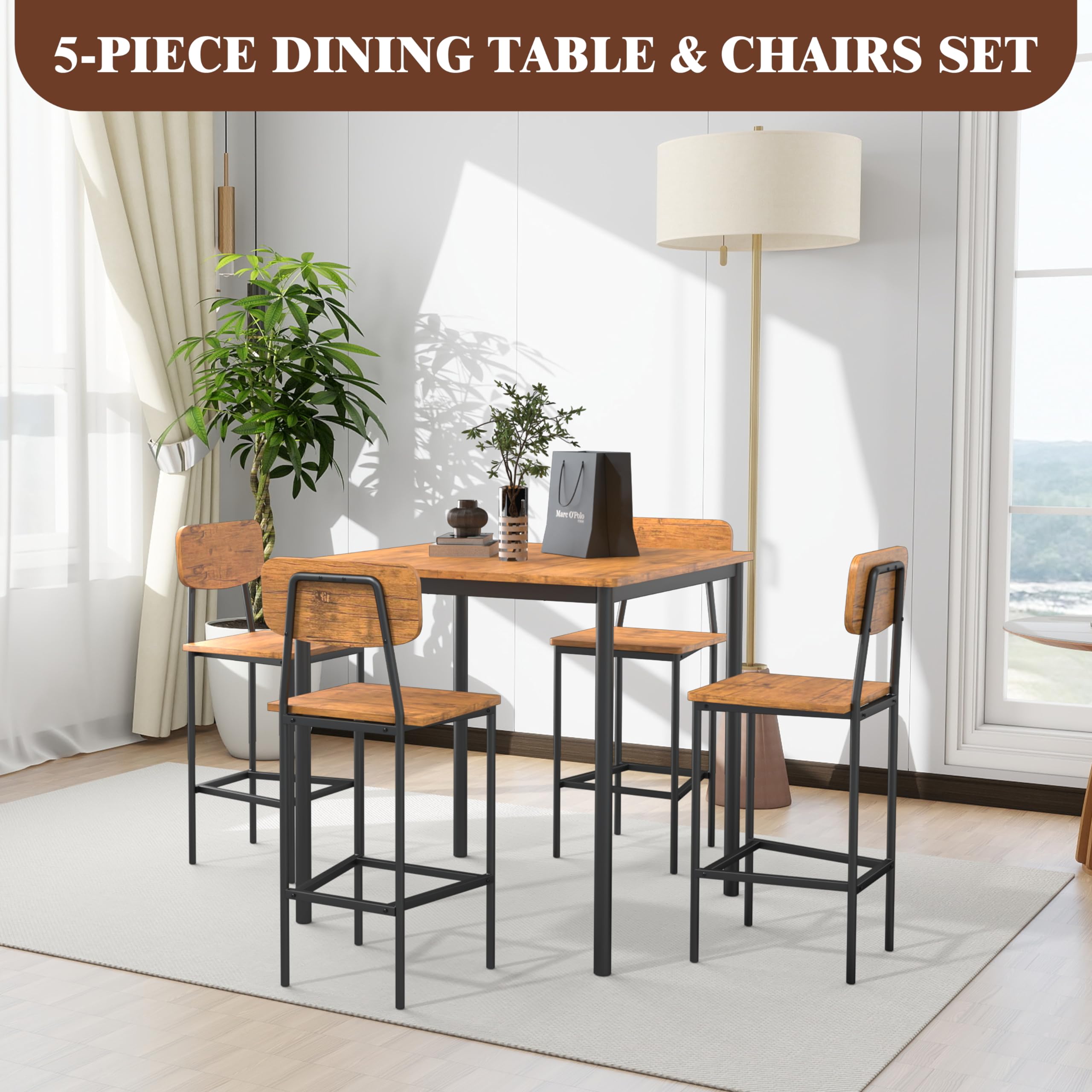 4-Piece Industrial Dining Table and Chairs Set - Space-Saving Brown Kitchen Furniture for Family Dinners & Entertaining | Perfect for Small Spaces, Apartments, and Modern Farmhouse Decor
