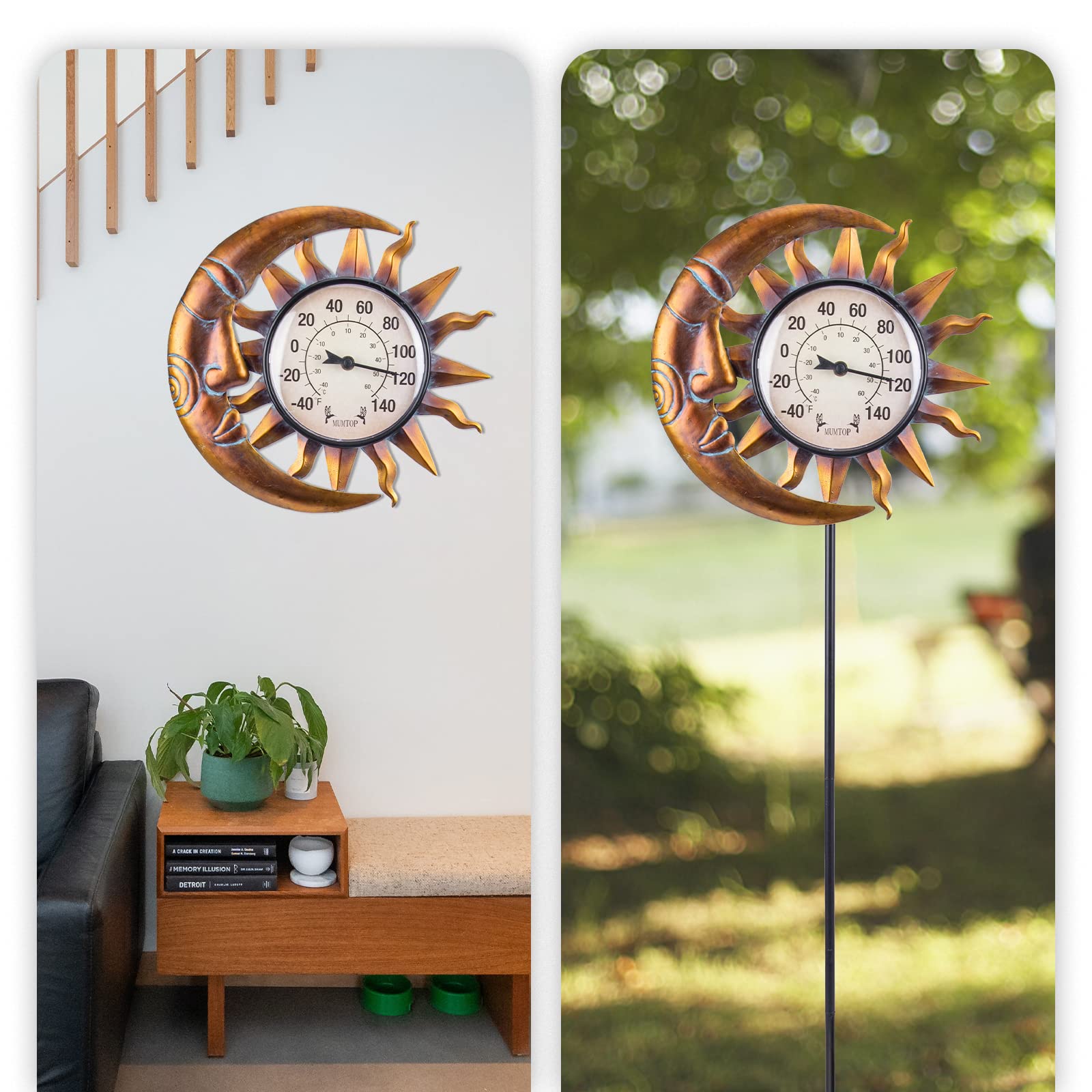 MUMTOP Indoor Outdoor Thermometer with Garden Stake - Accurate Wall Thermometer for Patio, Home & Garden Decor (Sun & Moon Design) | Perfect for Backyard, Greenhouse & Weather Monitoring