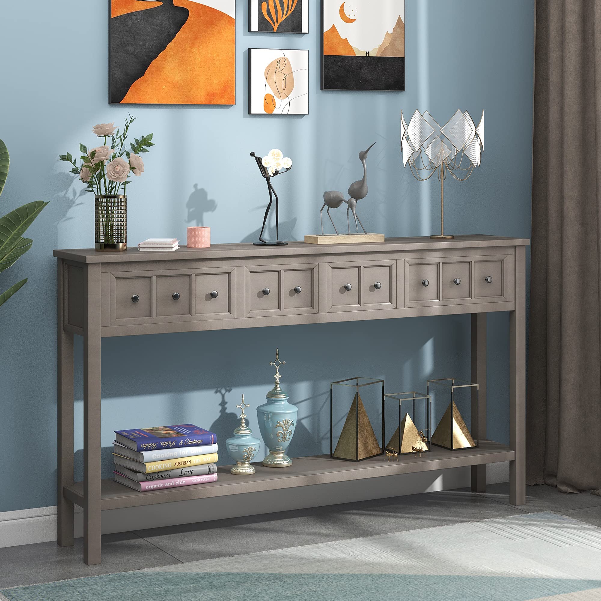P PURLOVE 60 Inch Modern Console Table with 4 Drawers & Bottom Shelf - Entryway Sofa Table for Living Room, Bedroom, Hallway - Perfect for Storage & Home Decor Organization