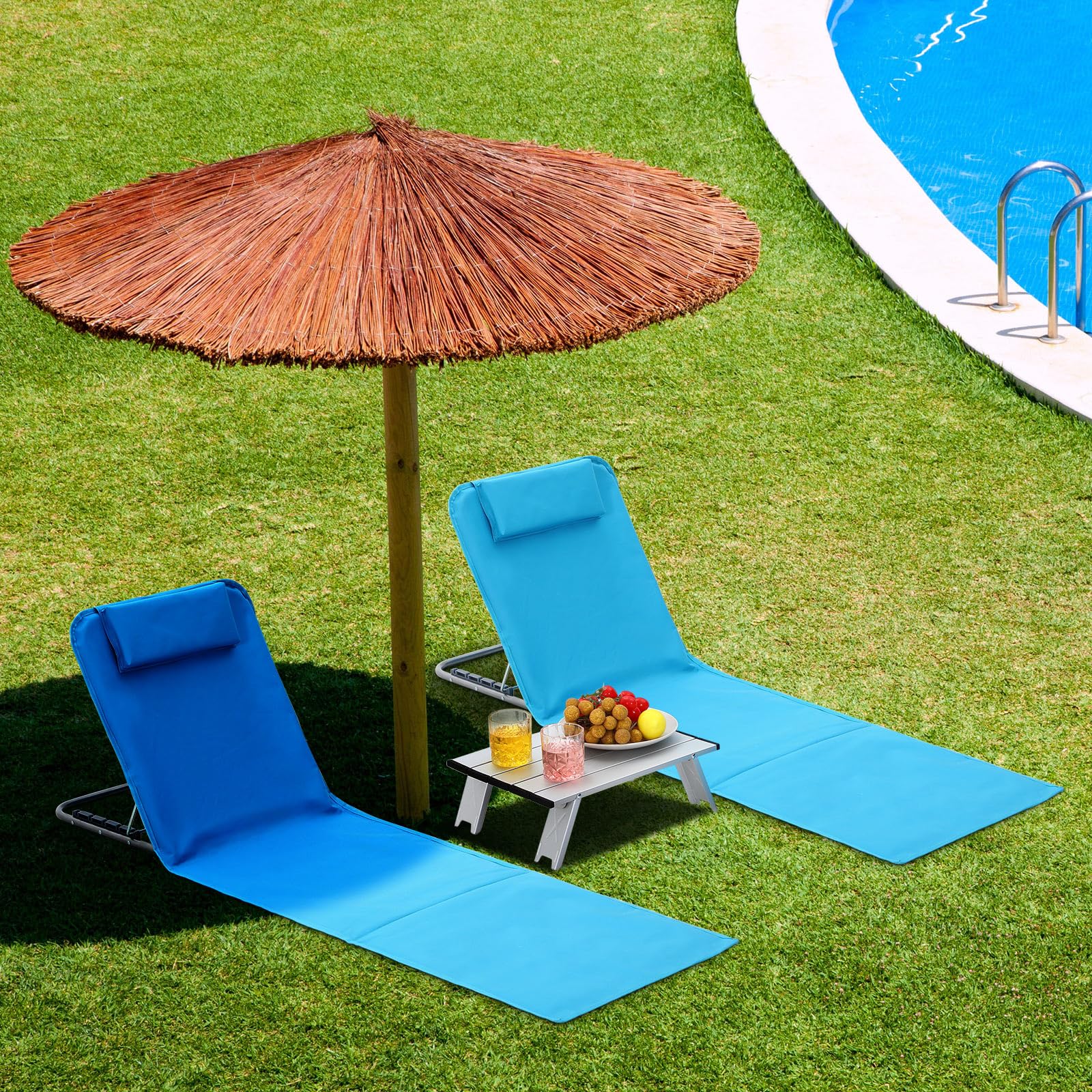 4 Pack Portable Beach Lounge Chairs with 2 Folding Side Tables - Adjustable 5-Position Tanning Chaise - Lightweight Outdoor Camping Chairs for Sunbathing, Backyard, Poolside & Beach (Lake Blue) - Perfect for Vacation, Picnics and Summer Relaxation