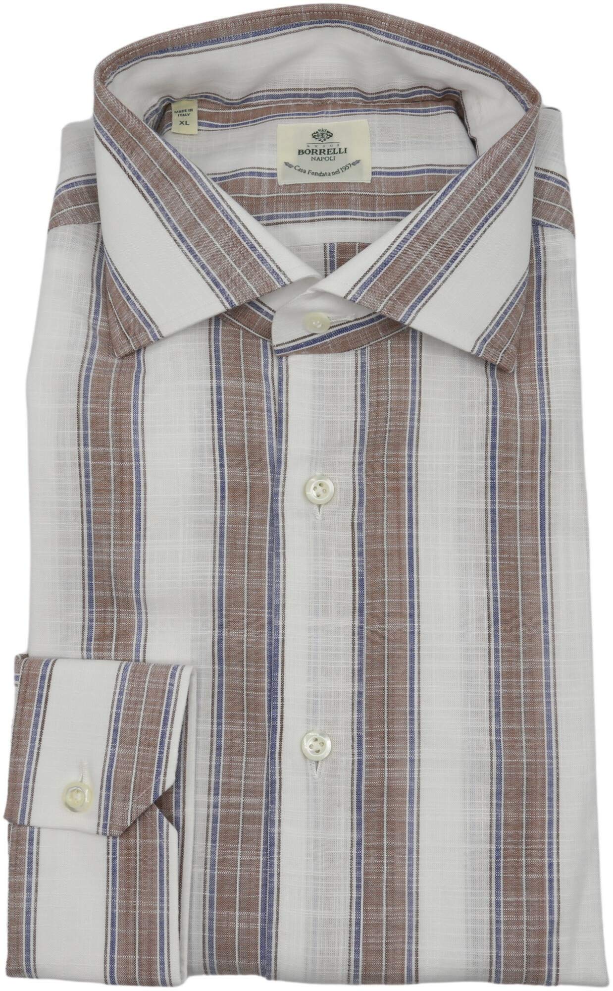 Borrelli Men's Linen Stripe Dress Shirt - Premium Italian Slim Fit Button Down Shirt for Business Casual & Summer Wear