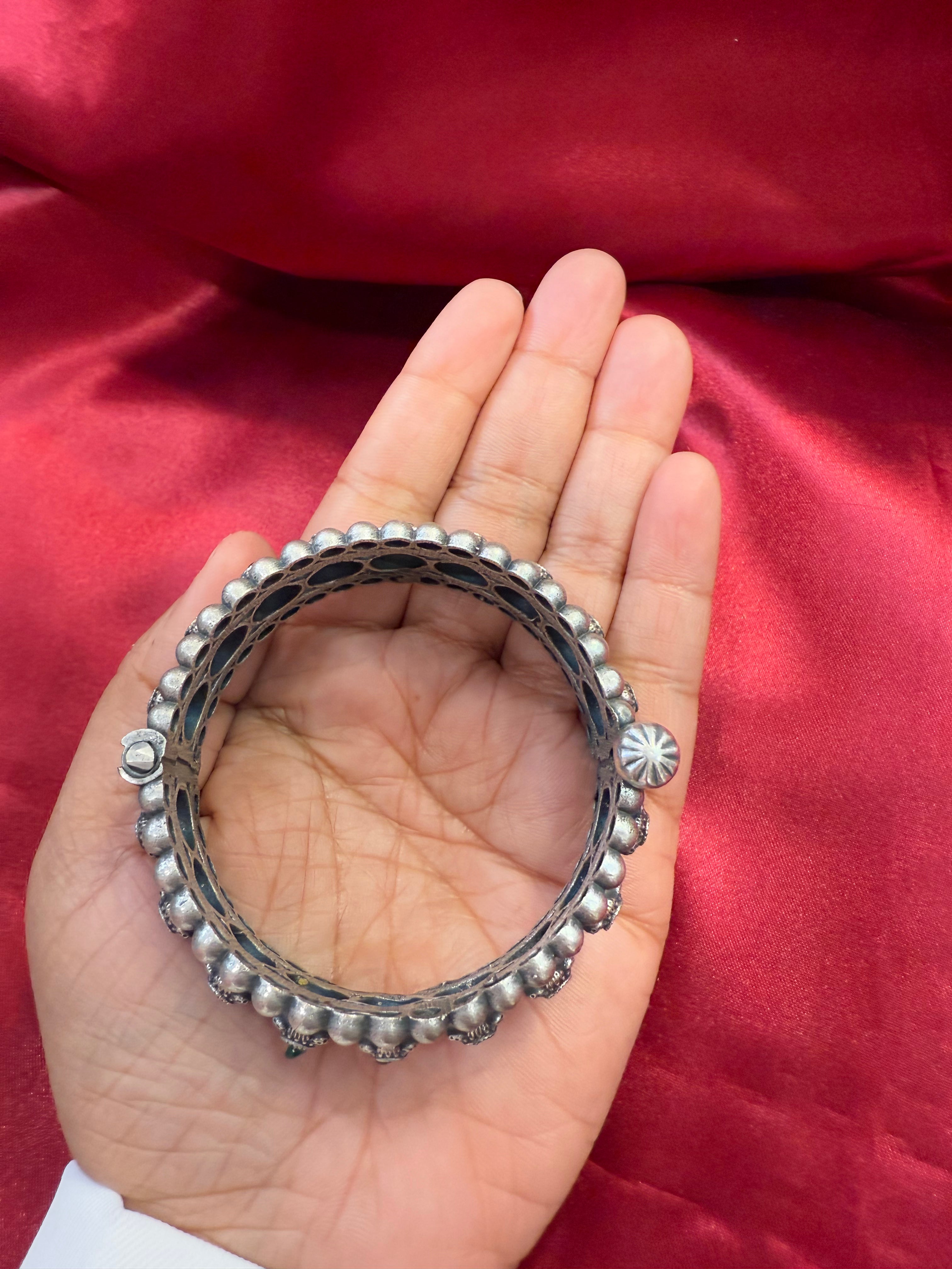 Exquisite Tribal Oxidized Silver Ethnic Open Bridal Kada Cuff Bracelet with Green Stone - Perfect for Boho Weddings, Festival Fashion & Cultural Jewelry Collections