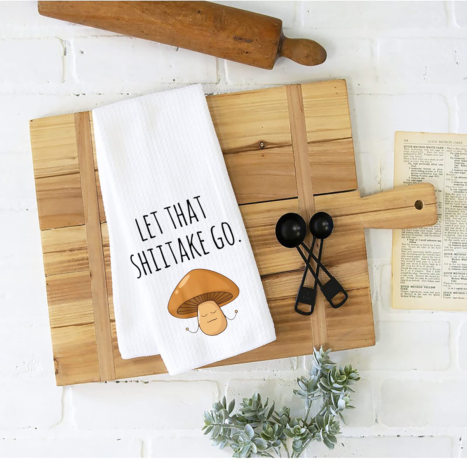 Funny Mushroom Kitchen Towel - Let That Shiitake Go Pun Dish Towel | Waffle Weave Absorbent & Durable | Perfect Housewarming Gift for Food Lovers & Home Cooks | Great for Cooking, Baking & Kitchen Decor