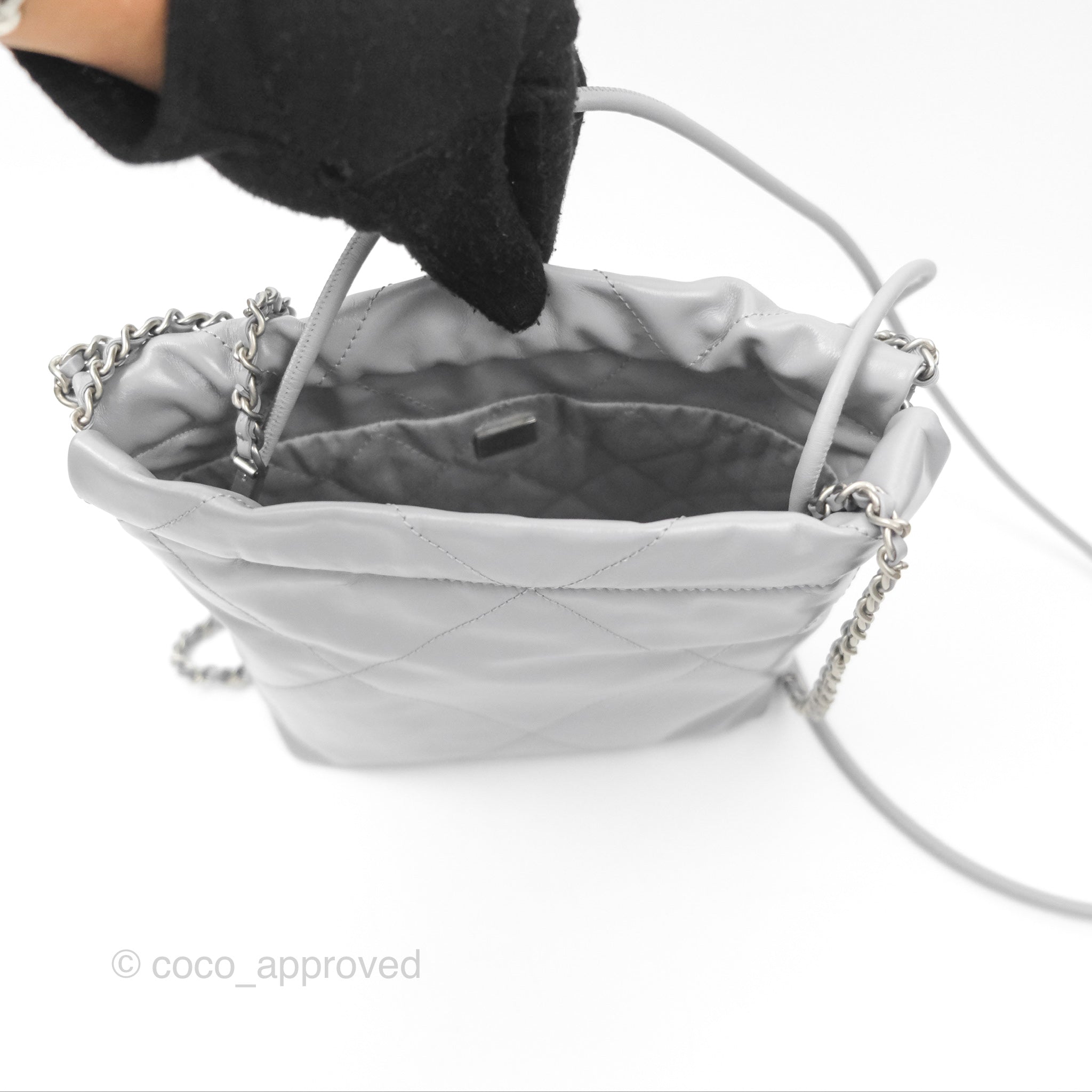 Chanel 22 Mini Bag Light Grey Shiny Crumpled Calfskin with Matte Silver Hardware - Luxury Crossbody Purse for Women, Perfect for Date Night & Evening Events