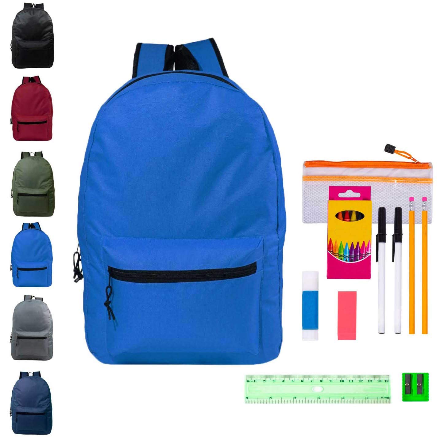 **17 Inch Bulk Backpacks for School - 6 Colors with 14-Piece Student Supply Kit - Wholesale Case of 24 Value Bundle Packs - Perfect for Back-to-School, Classroom Supplies & Student Gifts**