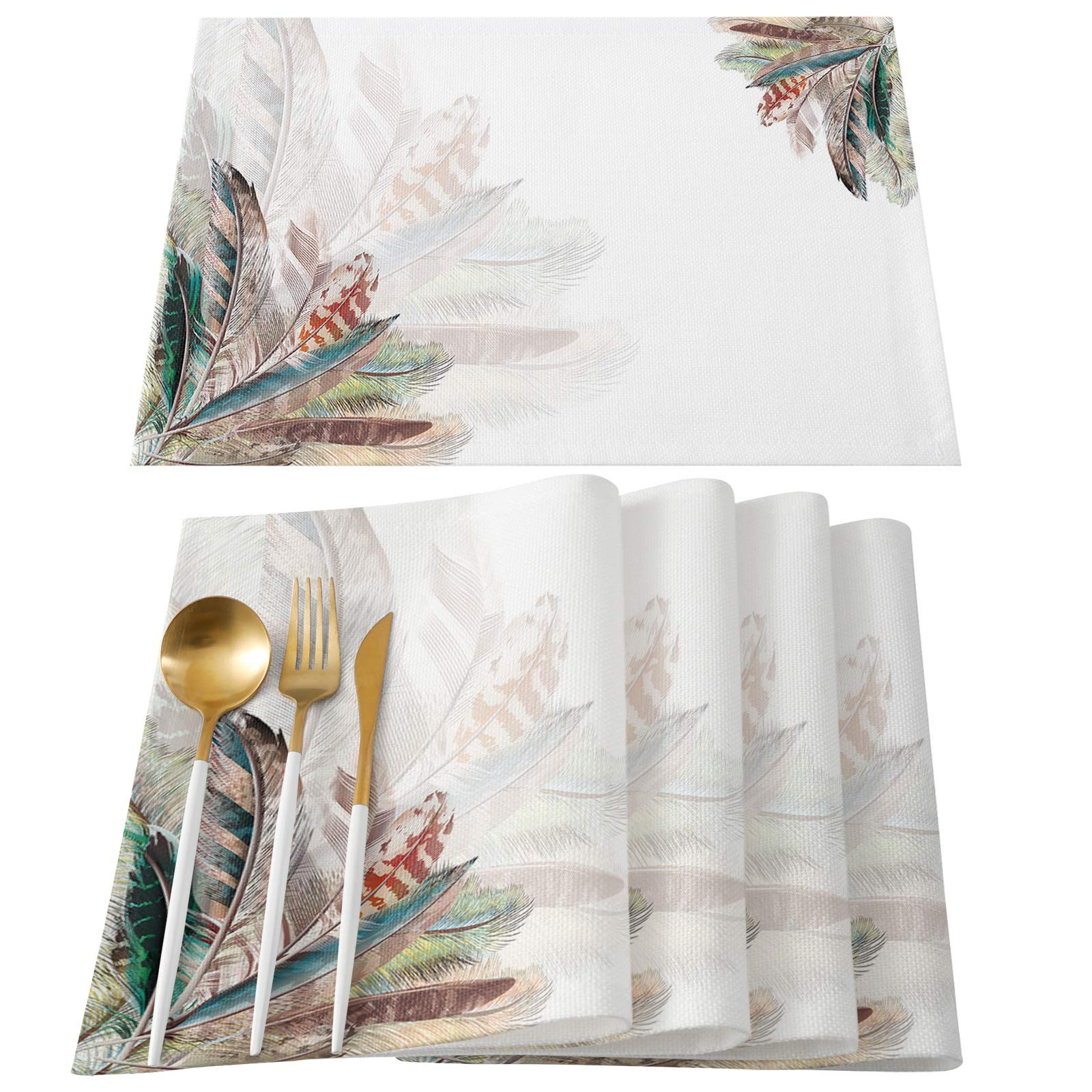 Muswanna Set of 6 Rectangular Heat-Resistant Burlap Placemats - Colorful Animal Feather Design for Kitchen & Dining Table | Perfect for Everyday Meals, Dinner Parties & Home Decor