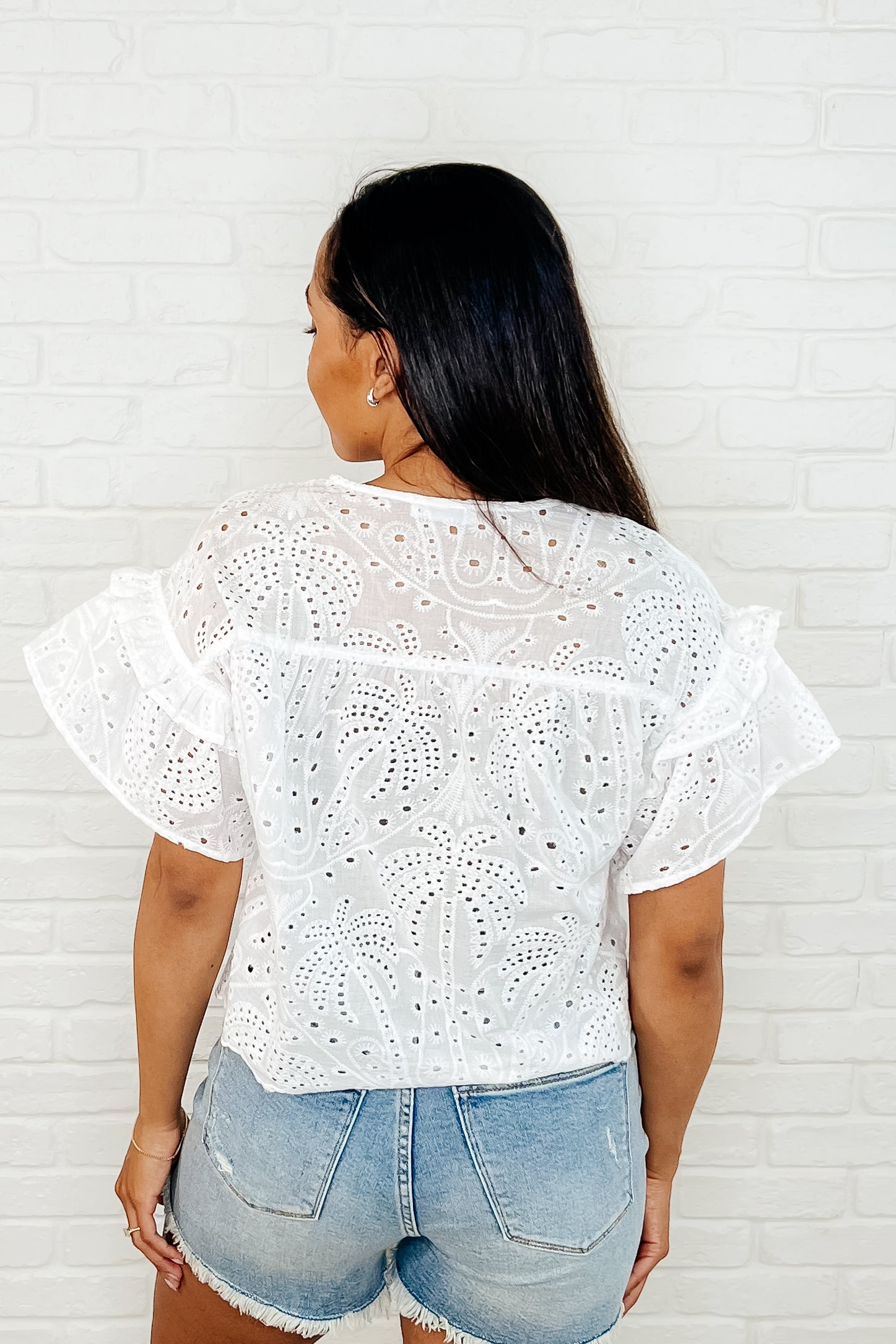Elegant Off White Eyelet Front Tie Blouse - Women's Fashion Top for Casual Outings & Summer Wear