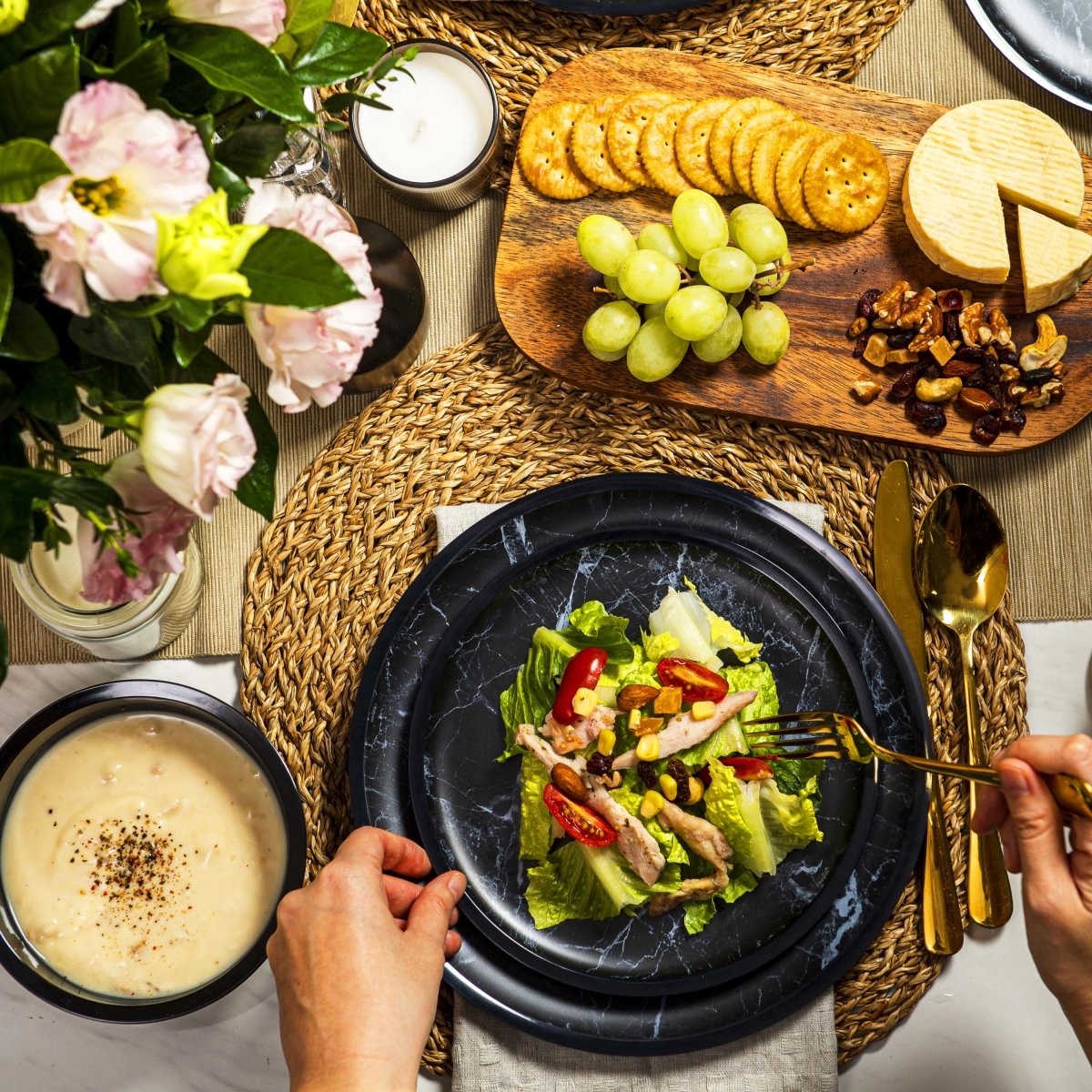 12-Piece Marble Melamine Plate and Bowl Set - Durable Black Dinnerware for Indoor & Outdoor Dining, Picnics, and Parties