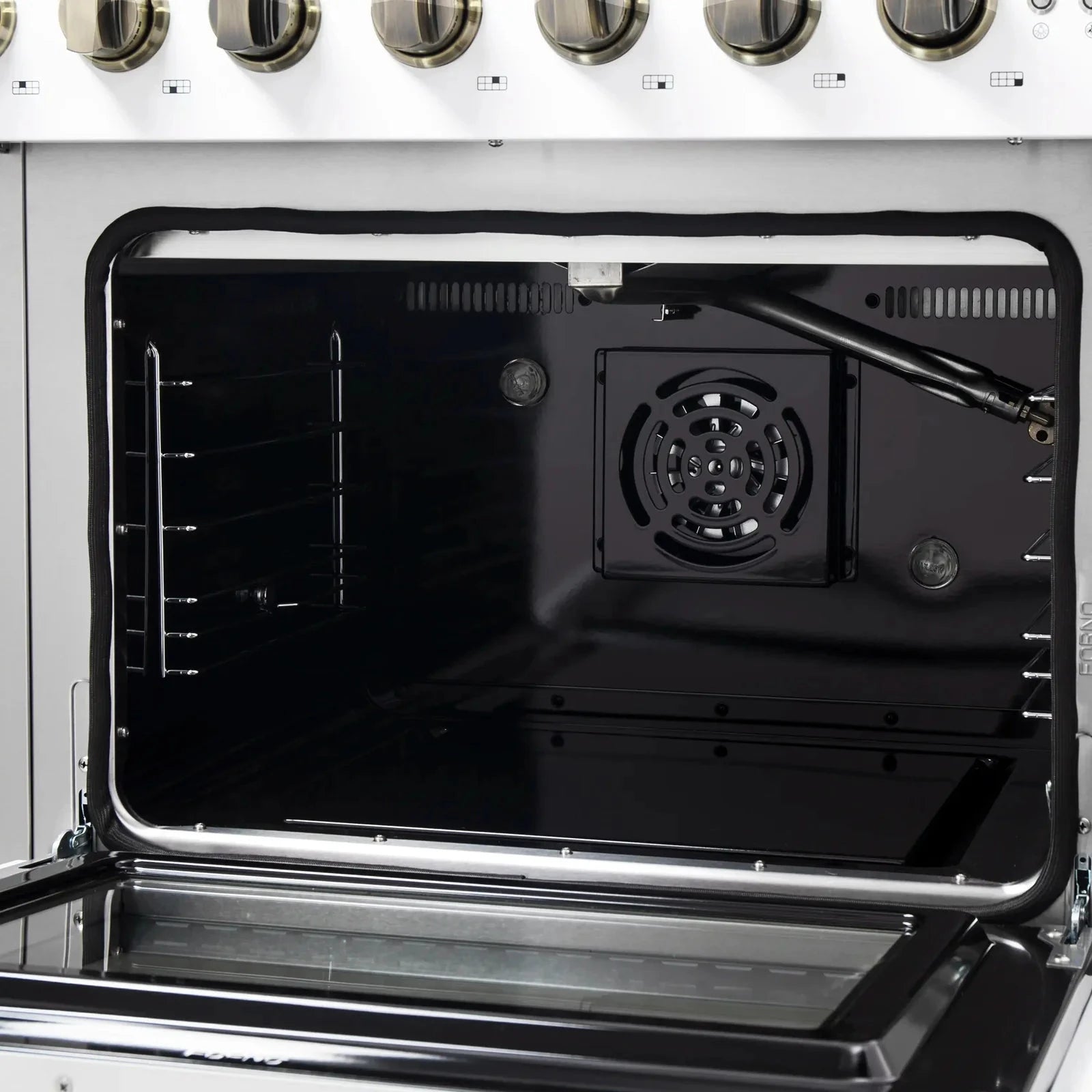 Forno Galiano 48-Inch Freestanding All Gas Range with French Doors - White with Antique Brass Trim (Model FFSGS6444 48WHT) - Perfect for Modern Kitchens & Professional Chefs
