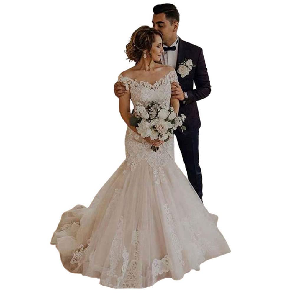 XYAYE Mermaid Wedding Dress for Bride - Lace Tulle Off Shoulder Bridal Gown with Brush Train | Elegant Beach, Church & Destination Wedding Ceremony Dress