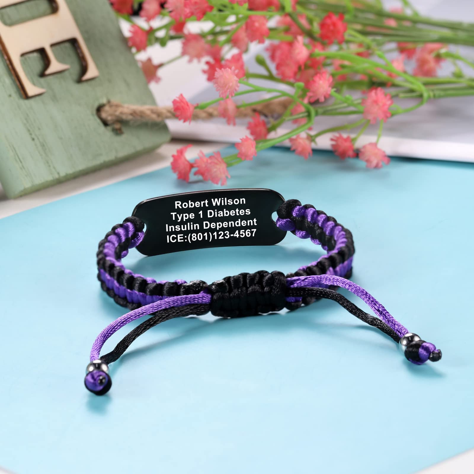 Custom Engraved Medical ID Bracelets for Women & Men - Purple Stainless Steel Braided Nylon Rope with Black Curved Card | Free Personalization | Ideal for Diabetes, Allergies & Emergency Medical Identification