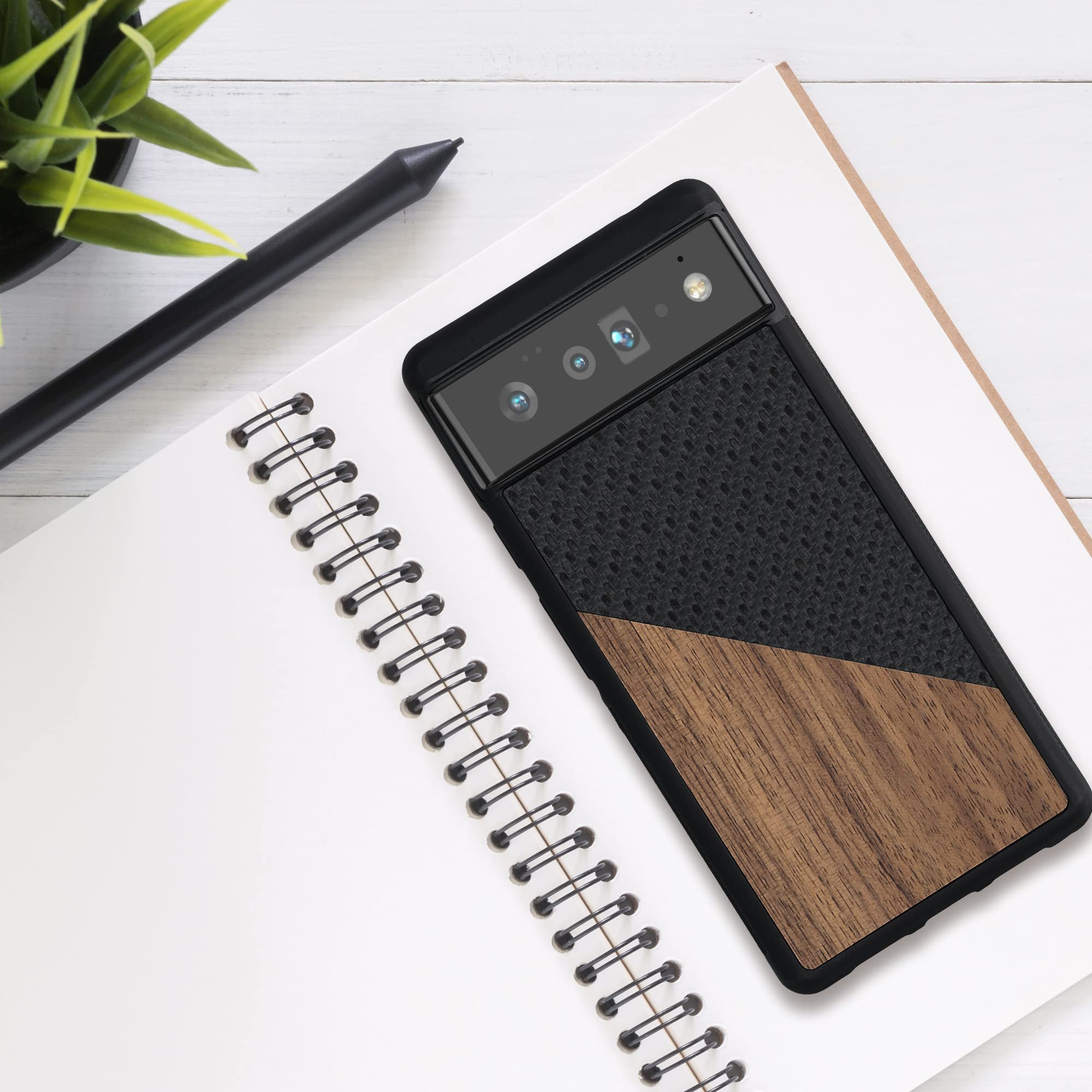 Google Pixel 6 Pro Case - Wood/Carbon Hard Cover with TPU Bumper - Dark Brown/Black - Protective Phone Cover for Daily Use