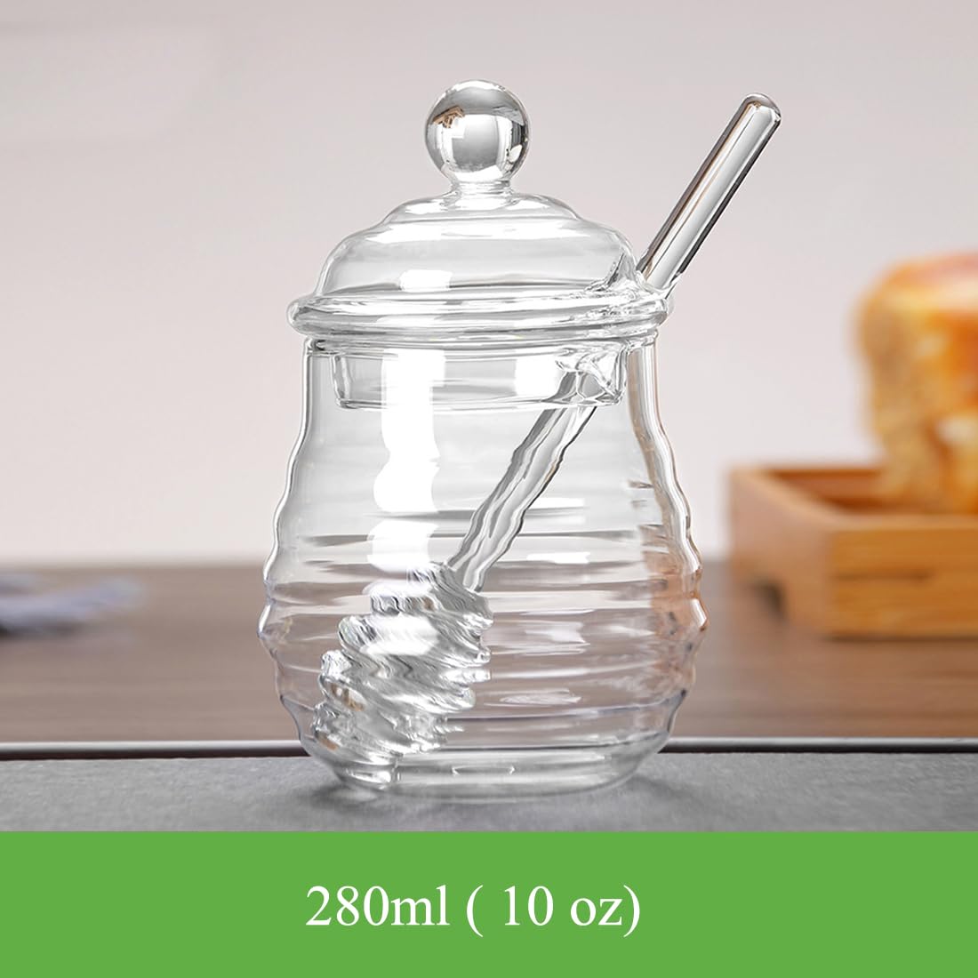 10oz Glass Honey Jar with Lid & Dipper - Heat Resistant Honey Storage for Kitchen, Coffee Bar & Gifts