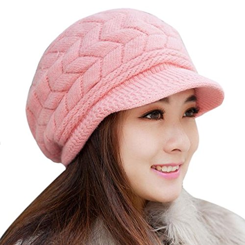 Women's Winter Knitted Skullies Beanie Hat with Rabbit Fur - Soft & Warm PK Pink for Cold Weather, Outdoor Activities & Fashion Accessories