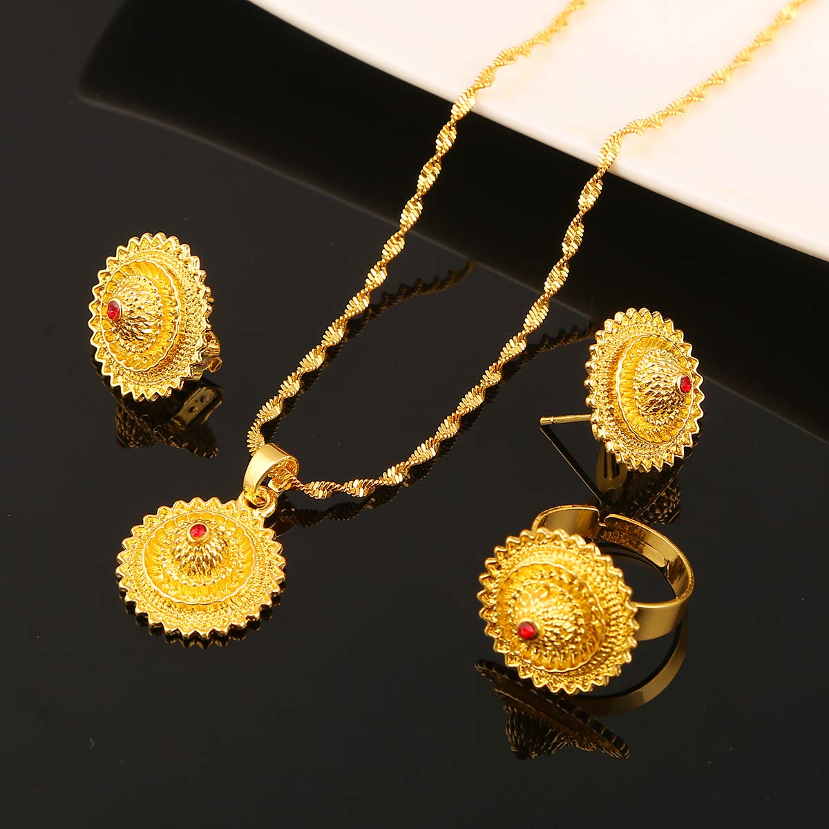 Ethiopian Gold Jewelry Set - Handmade African Habesha Necklace, Earrings & Ring with Genuine Stone | Perfect for Weddings, Parties & Cultural Celebrations