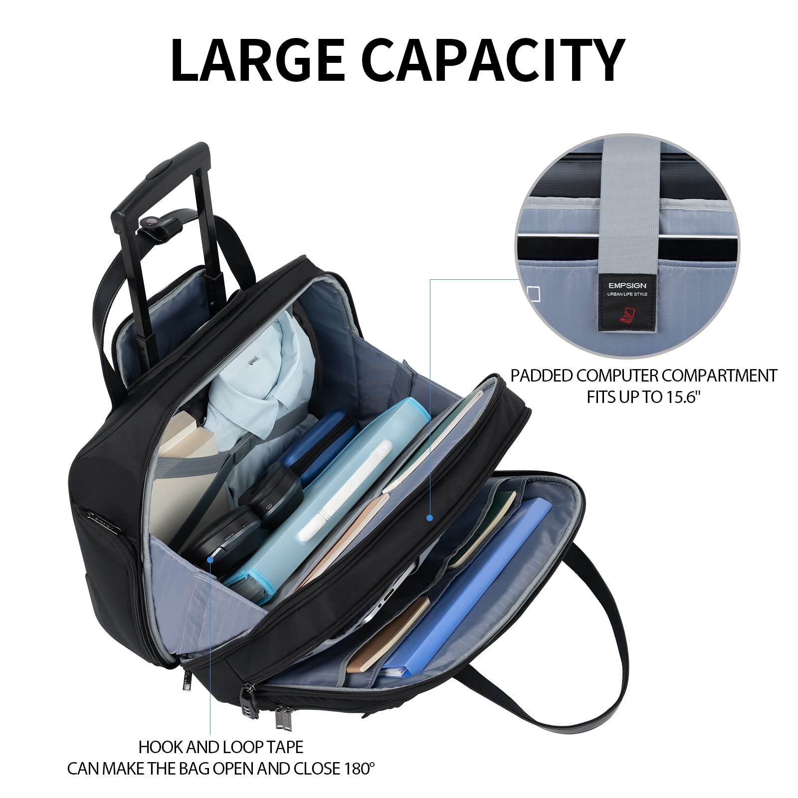 EMPSIGN Rolling Laptop Bag for Women - 15.6 Inch Water-Resistant Wheeled Briefcase with RFID Pockets - Perfect for Business Travel, Commuting & Overnight Trips - Black