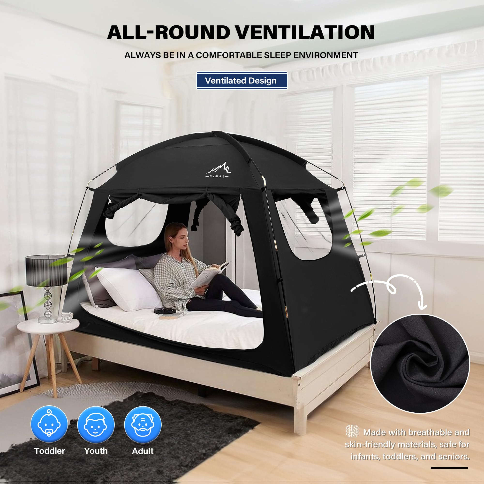 Queen Size Bed Tent for Indoor Use - Portable Light Reducing Canopy with Breathable Fabric, Lightweight & Private Space (Black) - Perfect for Napping, Reading, and Creating a Cozy Retreat