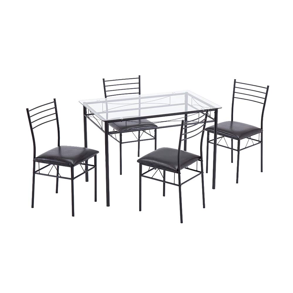 Modern 5-Piece Iron & Glass Dining Set with PU Cushions - Black Kitchen Table & 4 Chairs for Small Spaces | Perfect for Apartments, Breakfast Nooks & Cozy Family Meals