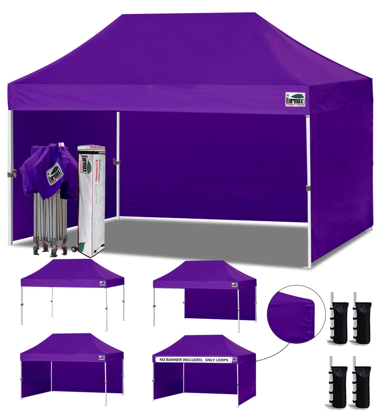 Eurmax USA 10'x15' Pop-up Canopy Tent - Commercial Instant Shelter with 4 Removable Zipper Side Walls & Carry Bag, Includes 4 Sand Bags (Purple) - Perfect for Outdoor Events, Farmers Markets, Beach Parties & Tailgating