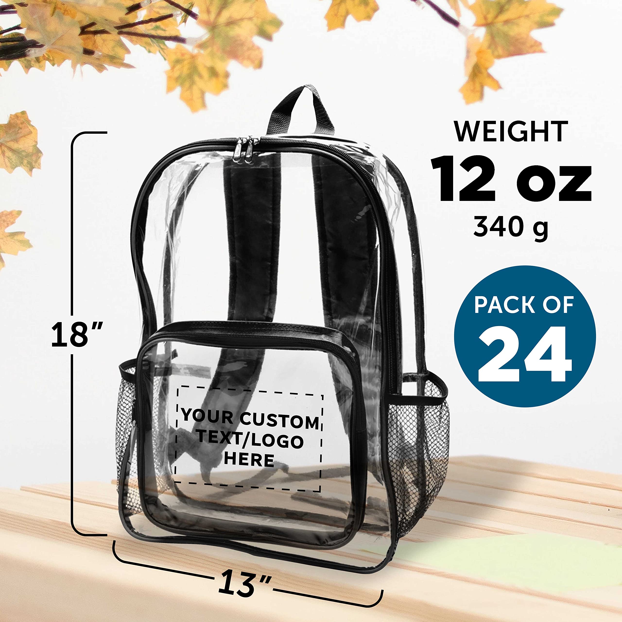 Custom Heavy Duty Clear PVC Backpacks - Set of 24 Bulk Pack, Water Resistant & Durable for Travel, School, Events & Security Use - Clear/Black Options Available