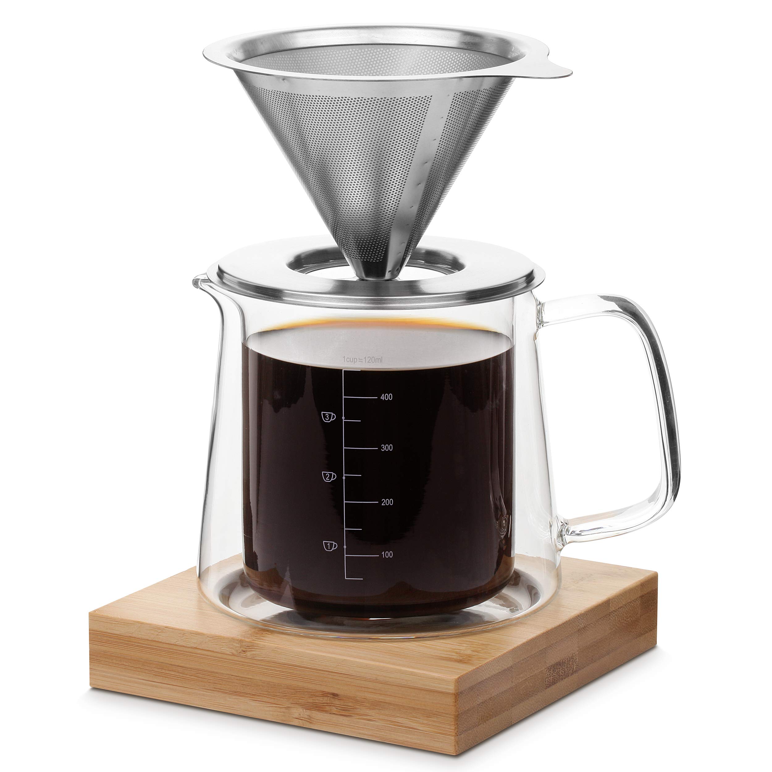 BTaT Pour Over Coffee Maker Set - 16 oz Double Wall Glass Drip Coffee Brewer with Permanent Filter, Manual Coffee Dripper for Home, Office & Camping Use