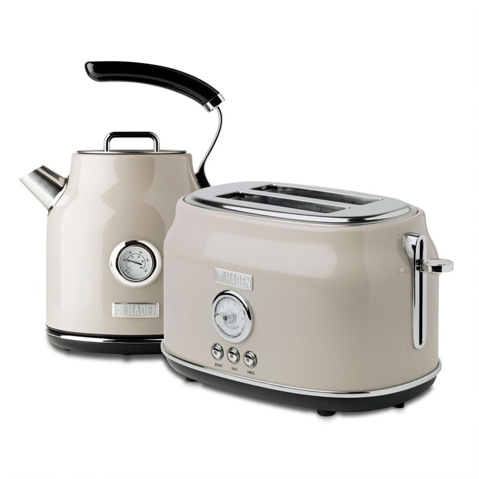 Haden Dorset 2 Slice Wide Slot Stainless Steel Toaster with 1.7L Electric Kettle Set - 360° Swivel Base, Putty & Chrome Finish | Perfect for Breakfast, Office, Dorm Room & Small Kitchens