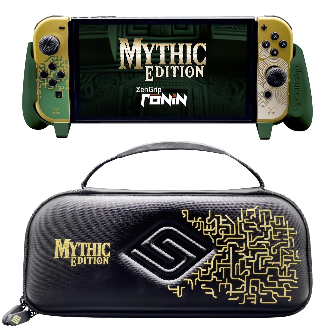 Satisfye ZenGrip Ronin Mythic Slim Bundle for Nintendo Switch & OLED - Includes Mythic Ronin ZenGrip & ZenCase Slim (Gold/Green) - Perfect for Gaming Comfort & Console Protection During Travel