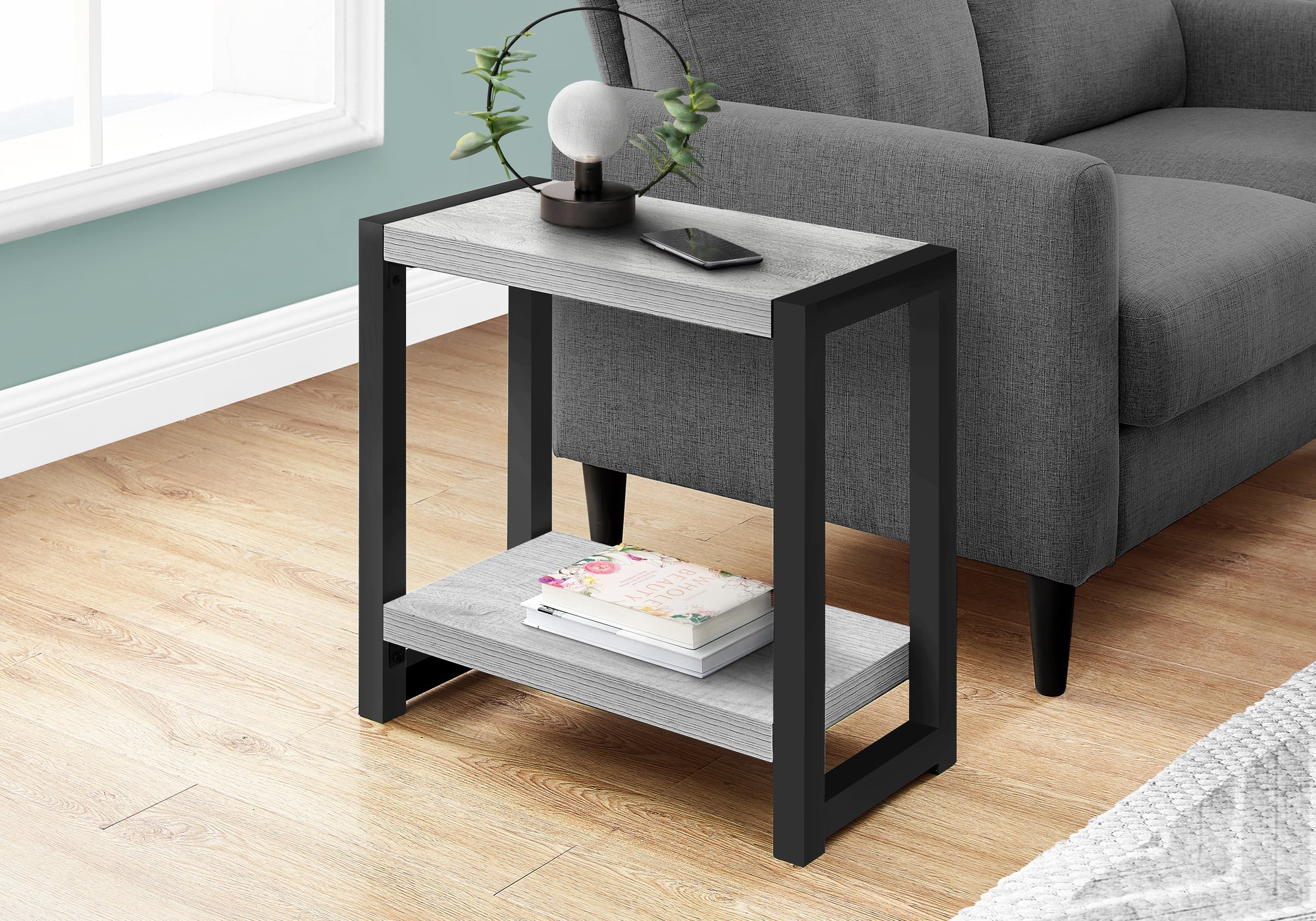 Modern Accent Side Table 22 Inch Height in Grey with Black Metal Frame - Perfect for Living Room, Bedroom, or Office Decor